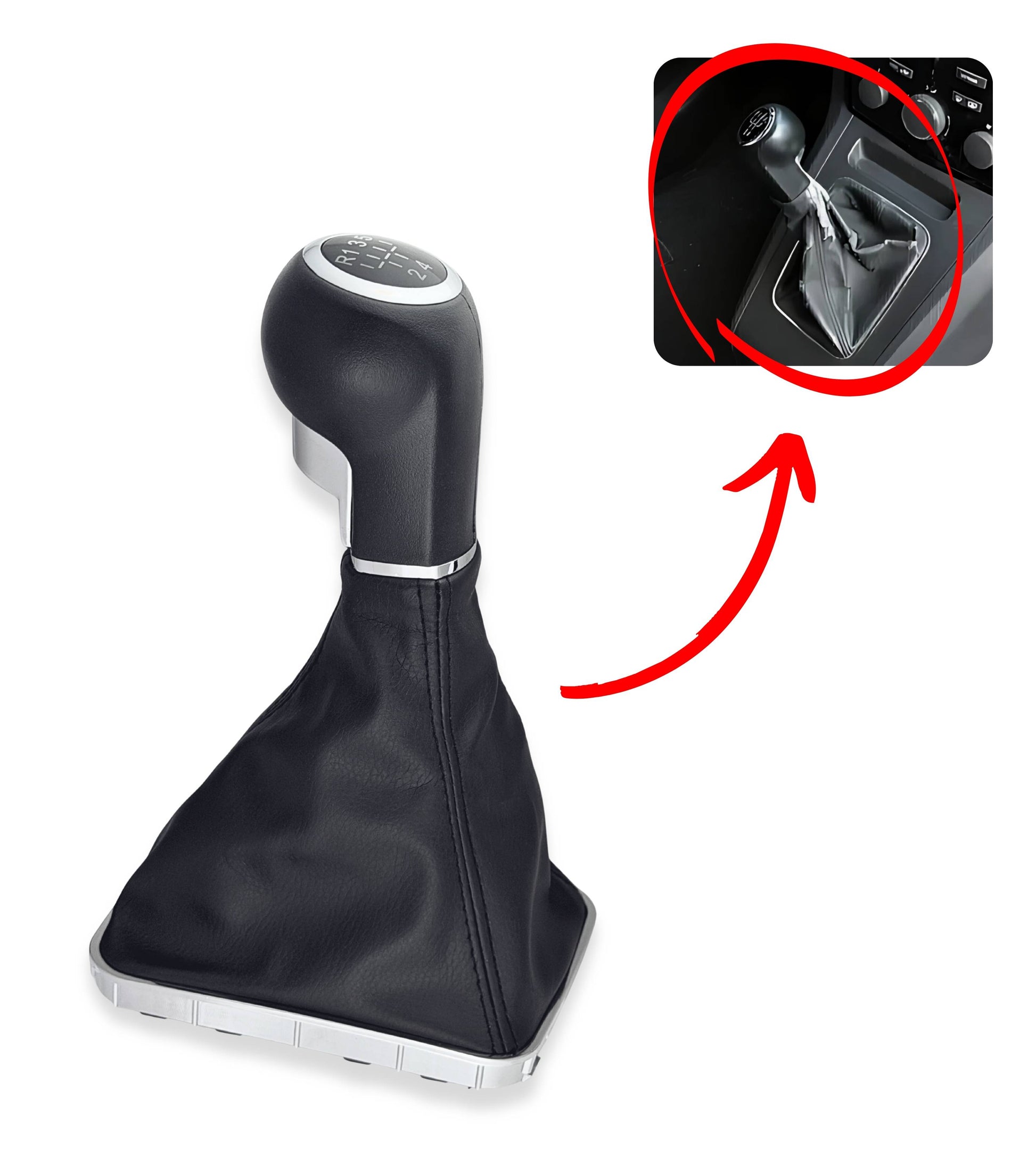 Kit Pomello Leva Cambio 5 Marce con Pulsante Retromarcia + Cuffia e Cornice Argento, Compatibile con Opel Zafira B 2005–2014, Verifica OEM 55354140