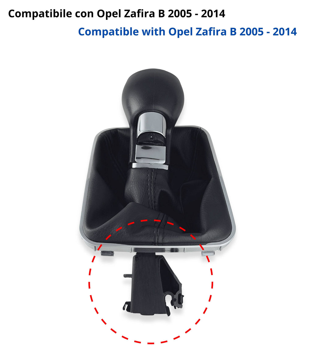 Kit Pomello Leva Cambio 5 Marce con Pulsante Retromarcia + Cuffia e Cornice Argento, Compatibile con Opel Zafira B 2005–2014, Verifica OEM 55354140