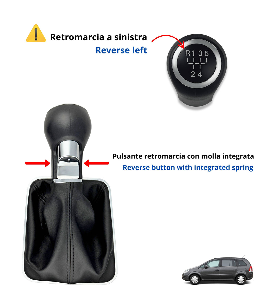 Kit Pomello Leva Cambio 5 Marce con Pulsante Retromarcia + Cuffia e Cornice Argento, Compatibile con Opel Zafira B 2005–2014, Verifica OEM 55354140
