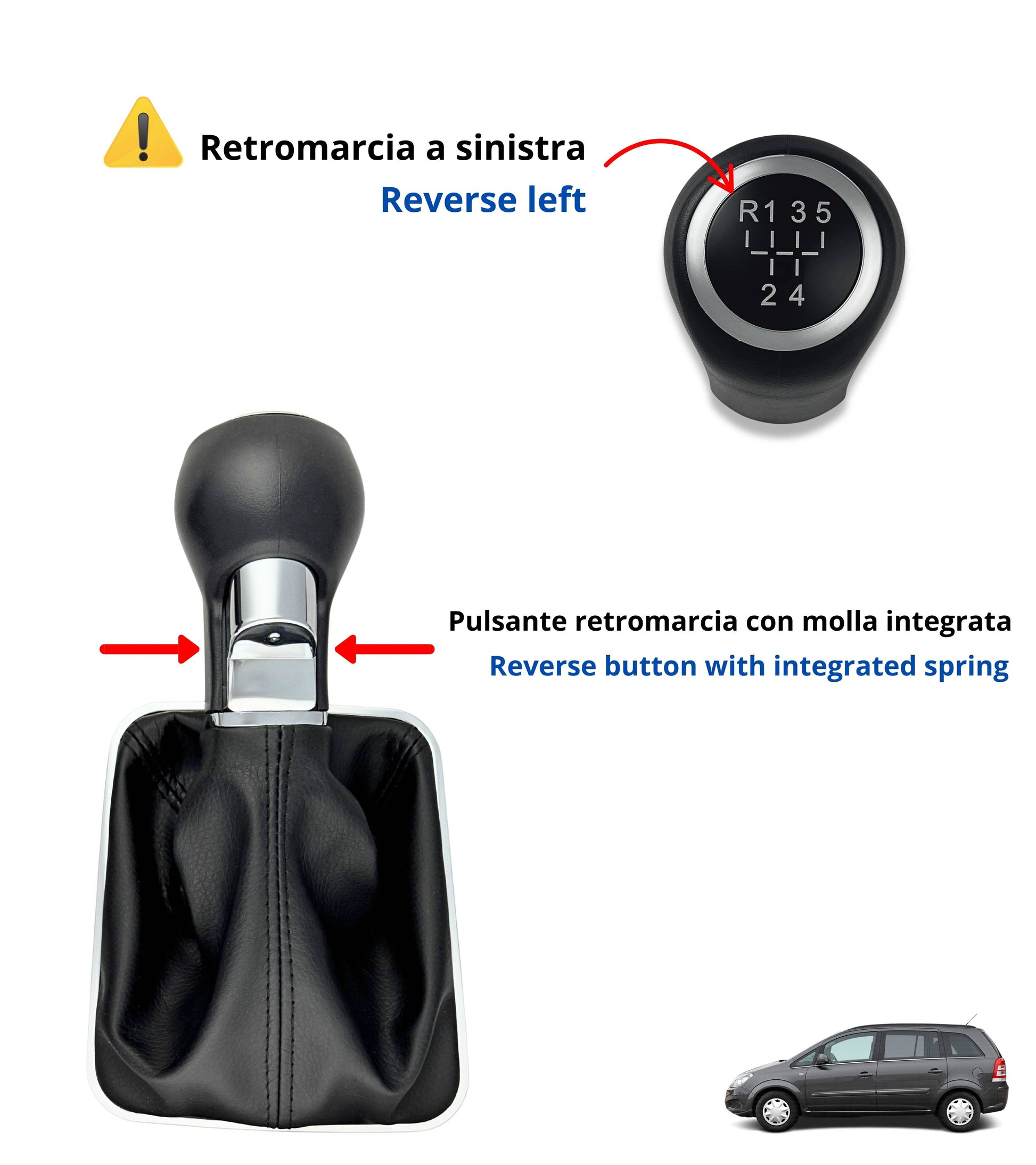 Kit Pomello Leva Cambio 5 Marce con Pulsante Retromarcia + Cuffia e Cornice Argento, Compatibile con Opel Zafira B 2005–2014, Verifica OEM 55354140