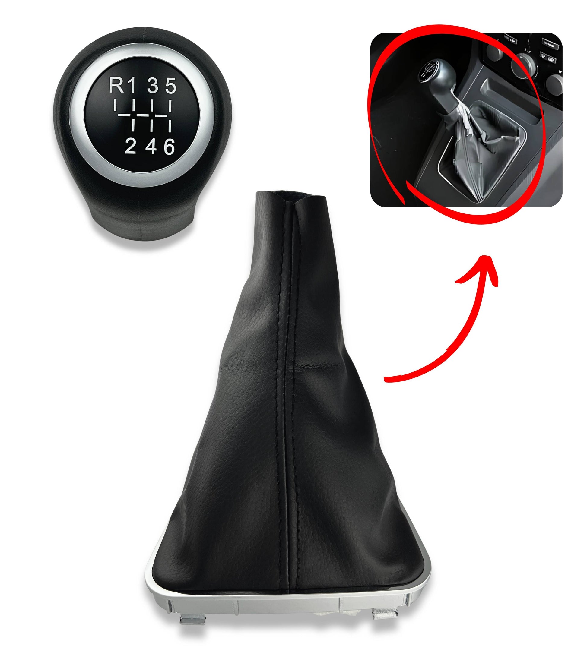 Kit Pomello Leva Cambio 6 Marce con Pulsante Retromarcia + Cuffia e Cornice Argento, Compatibile con Opel Zafira B 2005–2014, Verifica OEM 55354140