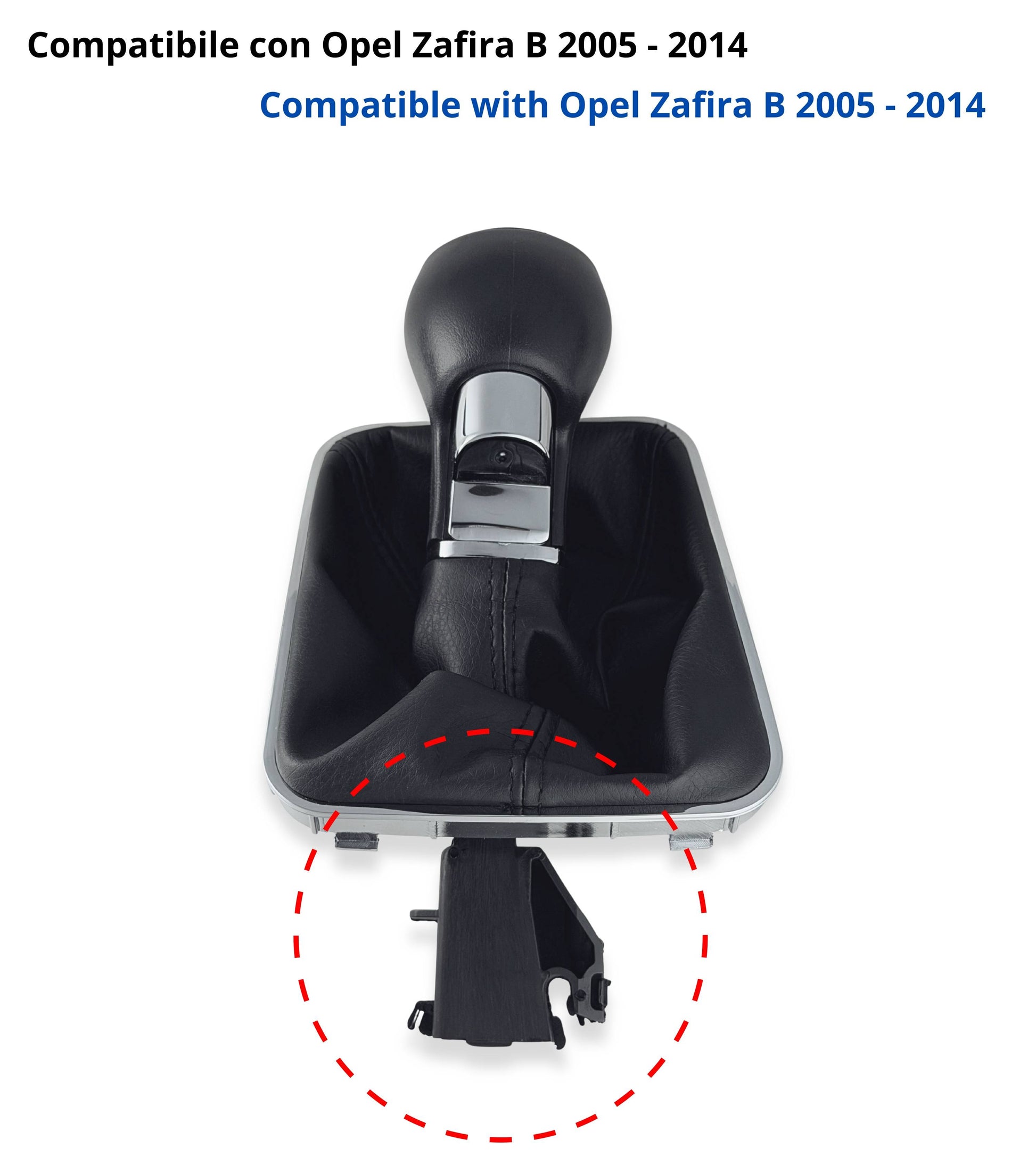 Kit Pomello Leva Cambio 6 Marce con Pulsante Retromarcia + Cuffia e Cornice Argento, Compatibile con Opel Zafira B 2005–2014, Verifica OEM 55354140