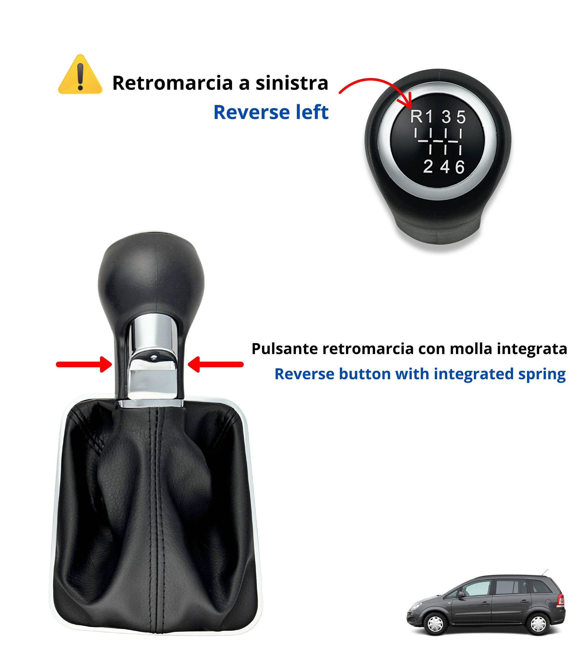 Kit Pomello Leva Cambio 6 Marce con Pulsante Retromarcia + Cuffia e Cornice Argento, Compatibile con Opel Zafira B 2005–2014, Verifica OEM 55354140
