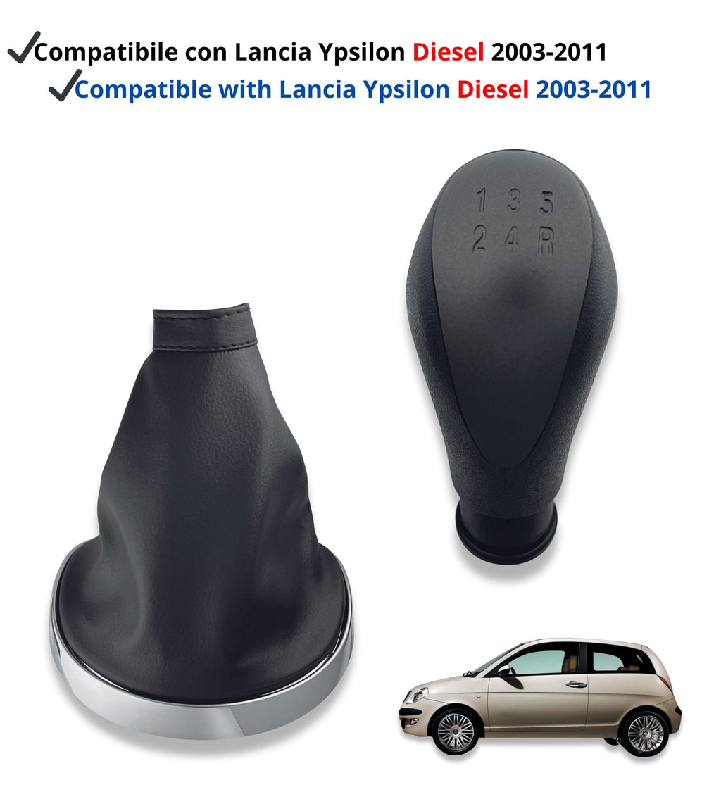 Kit Pomello Cambio 5 Marce con Cuffia con Cuciture Bianche e Cornice Compatibile con Lancia Ypsilon (843) 2003–2011, Solo per Versione Diesel