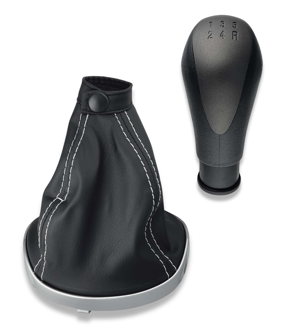 Kit Pomello Cambio 5 Marce con Cuffia con Cuciture Bianche e Cornice Compatibile con Lancia Ypsilon (843) 2003–2011, Solo per Versione Diesel