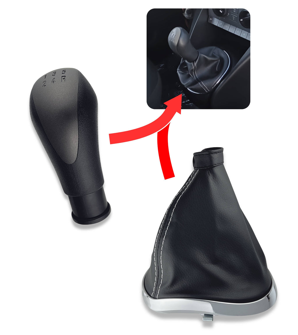 Kit Pomello Cambio 5 Marce con Cuffia con Cuciture Bianche e Cornice Compatibile con Lancia Ypsilon (843) 2003–2011, Solo per Versione Diesel