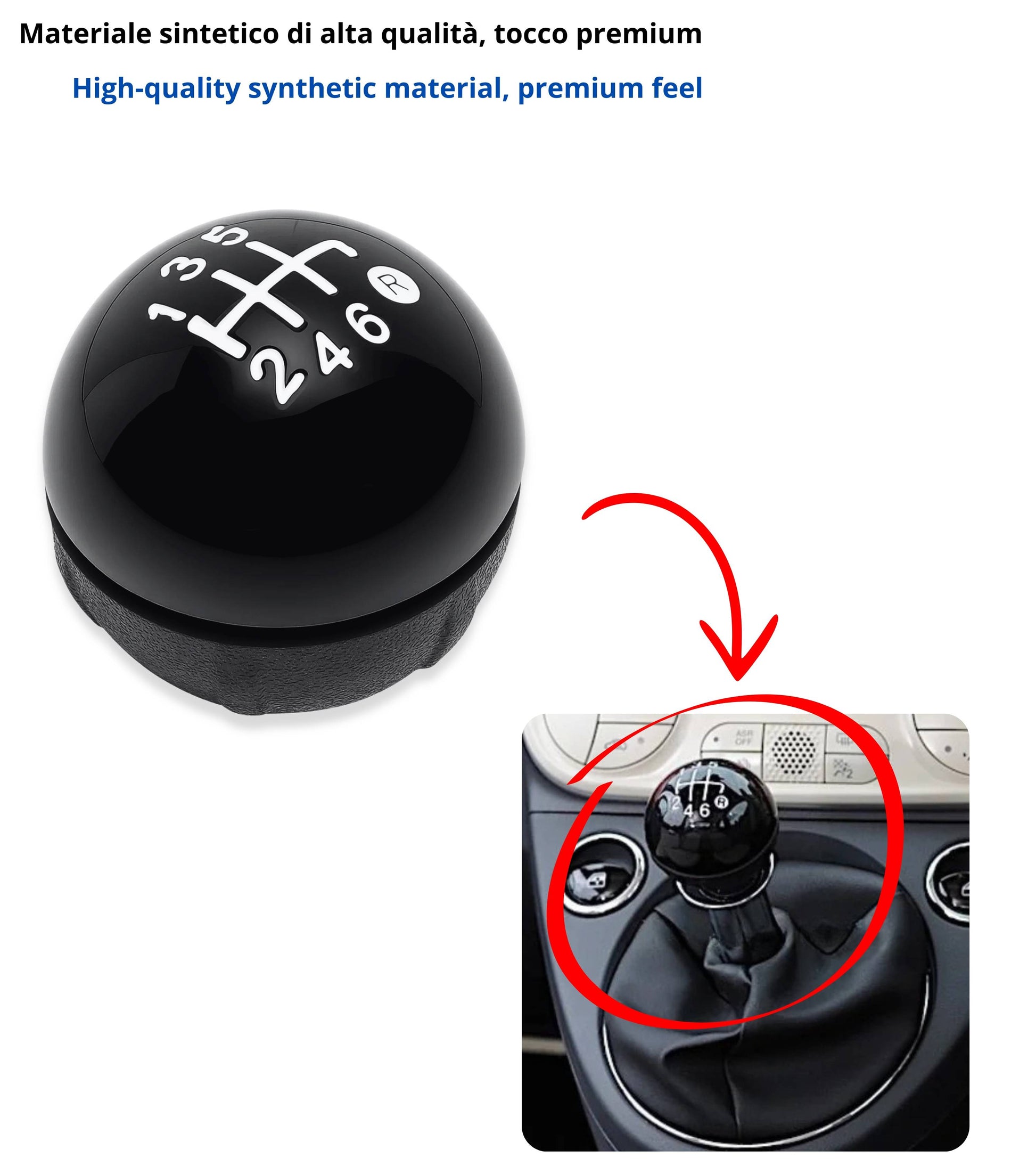Pomello per Leva Cambio 6 Marce Colore Nero Compatibile con Fiat 500 serie 2 (312) e 500C (312) 2007 - 2018, Colore Nero, OEM OM 55344048