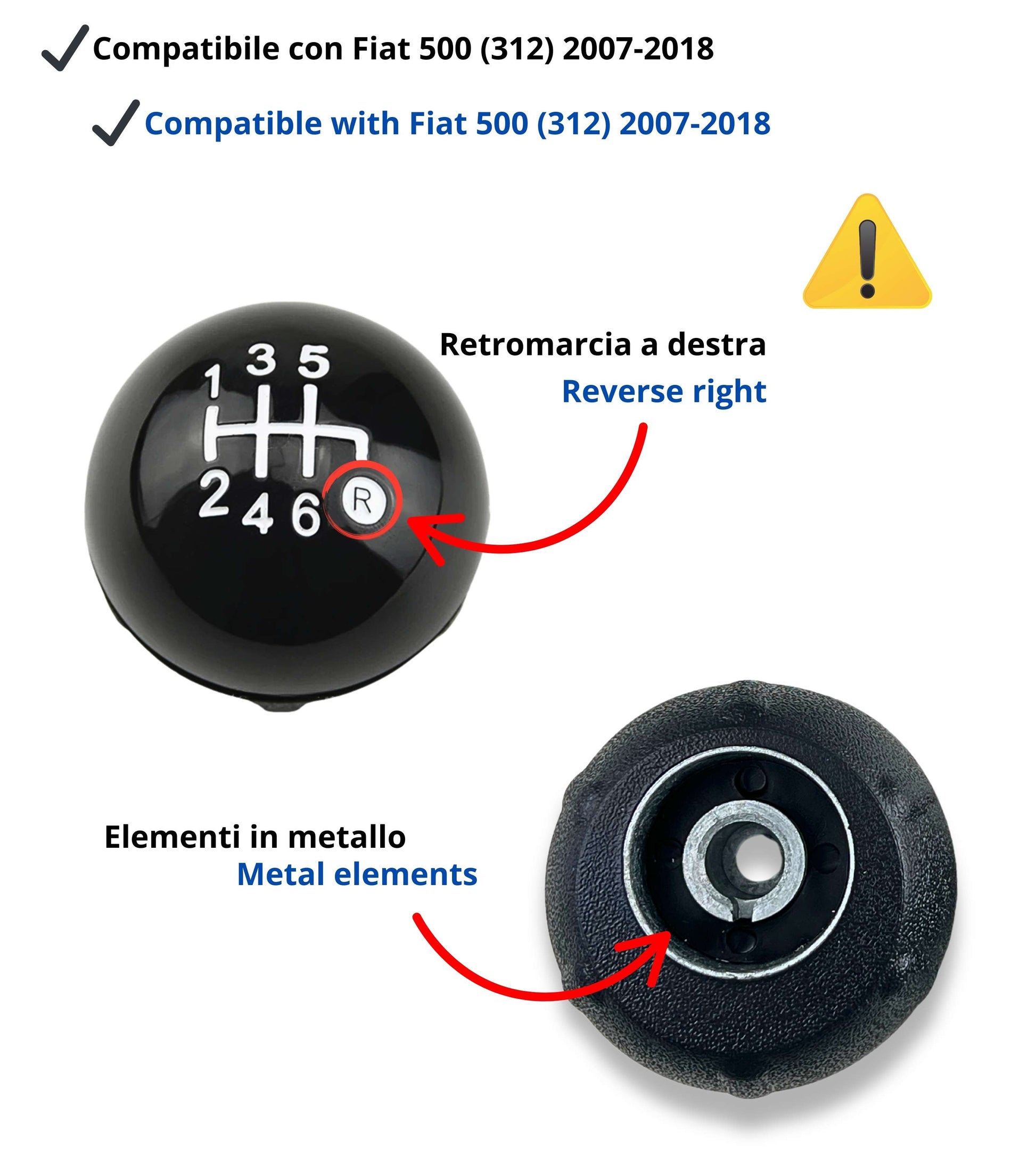 Pomello per Leva Cambio 6 Marce Colore Nero Compatibile con Fiat 500 serie 2 (312) e 500C (312) 2007 - 2018, Colore Nero, OEM OM 55344048