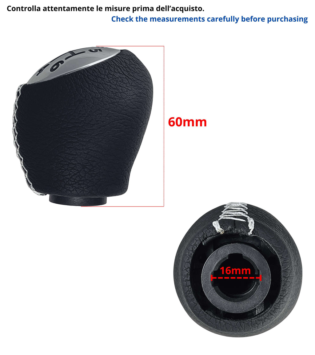 Pomello Leva Cambio 6 Marce Nero con Cuciture Bianche Compatibile con Renault Clio III, Twingo 2, Compatibile con Dacia Duster, verifica codici OEM