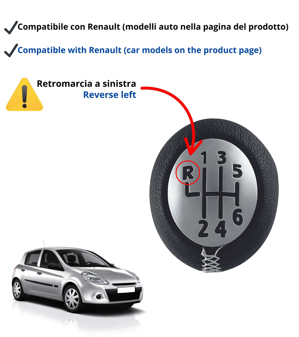 Pomello Leva Cambio 6 Marce Nero con Cuciture Bianche Compatibile con Renault Clio III, Twingo 2, Compatibile con Dacia Duster, verifica codici OEM