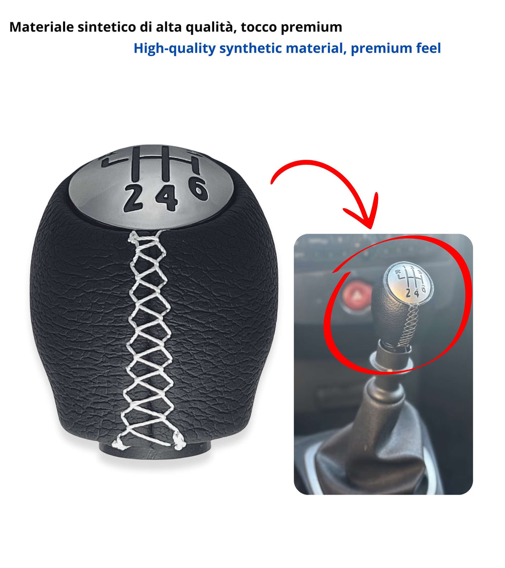 Pomello Leva Cambio 6 Marce Nero con Cuciture Bianche Compatibile con Renault Clio III, Twingo 2, Compatibile con Dacia Duster, verifica codici OEM