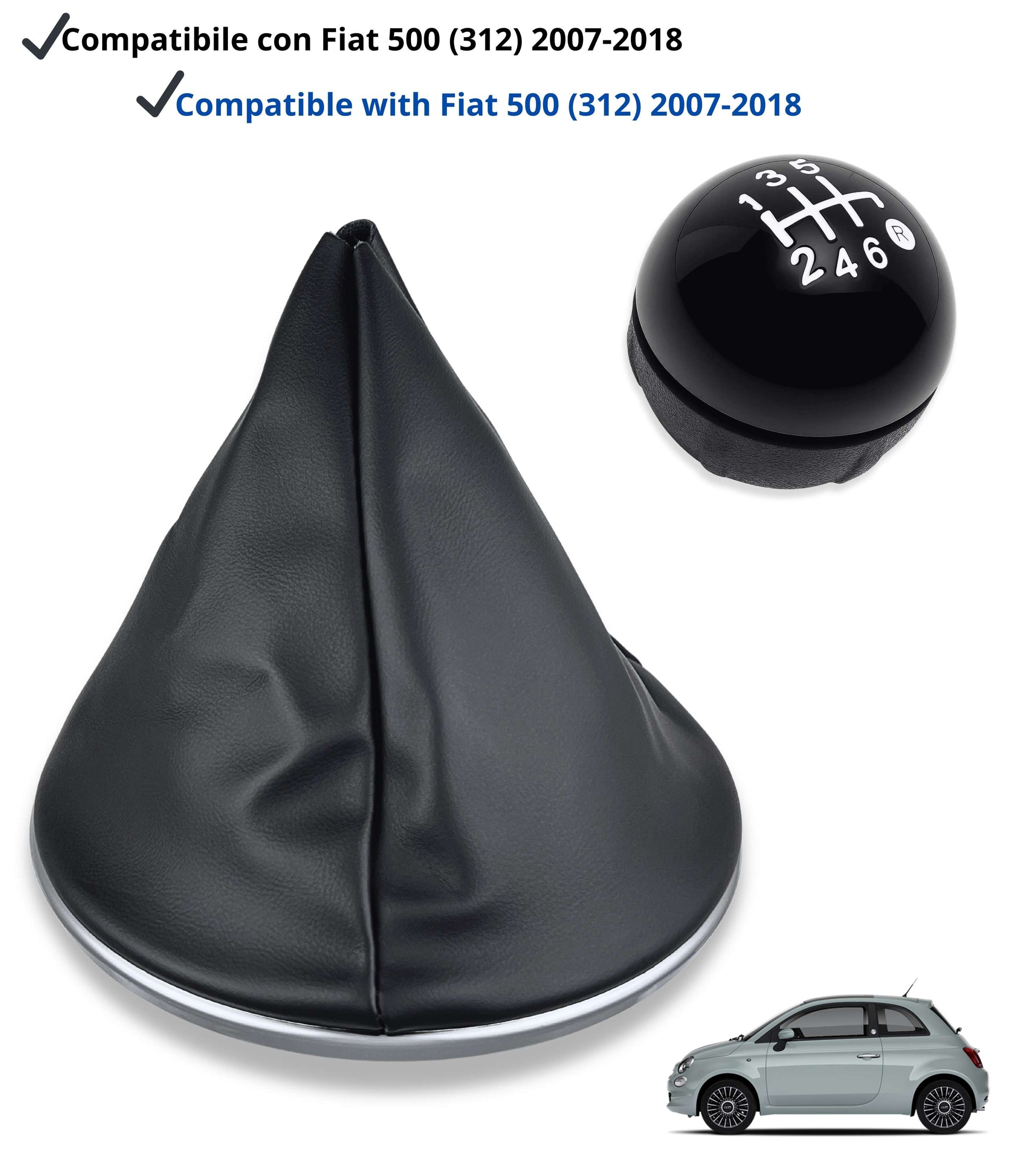 Kit Pomello e Cuffia per Leva Cambio 6 Marce Colore Nero Compatibile con Fiat 500 serie 2 (312) e 500C (312) 2007 - 2018, con Ghiera e Cornice Argento