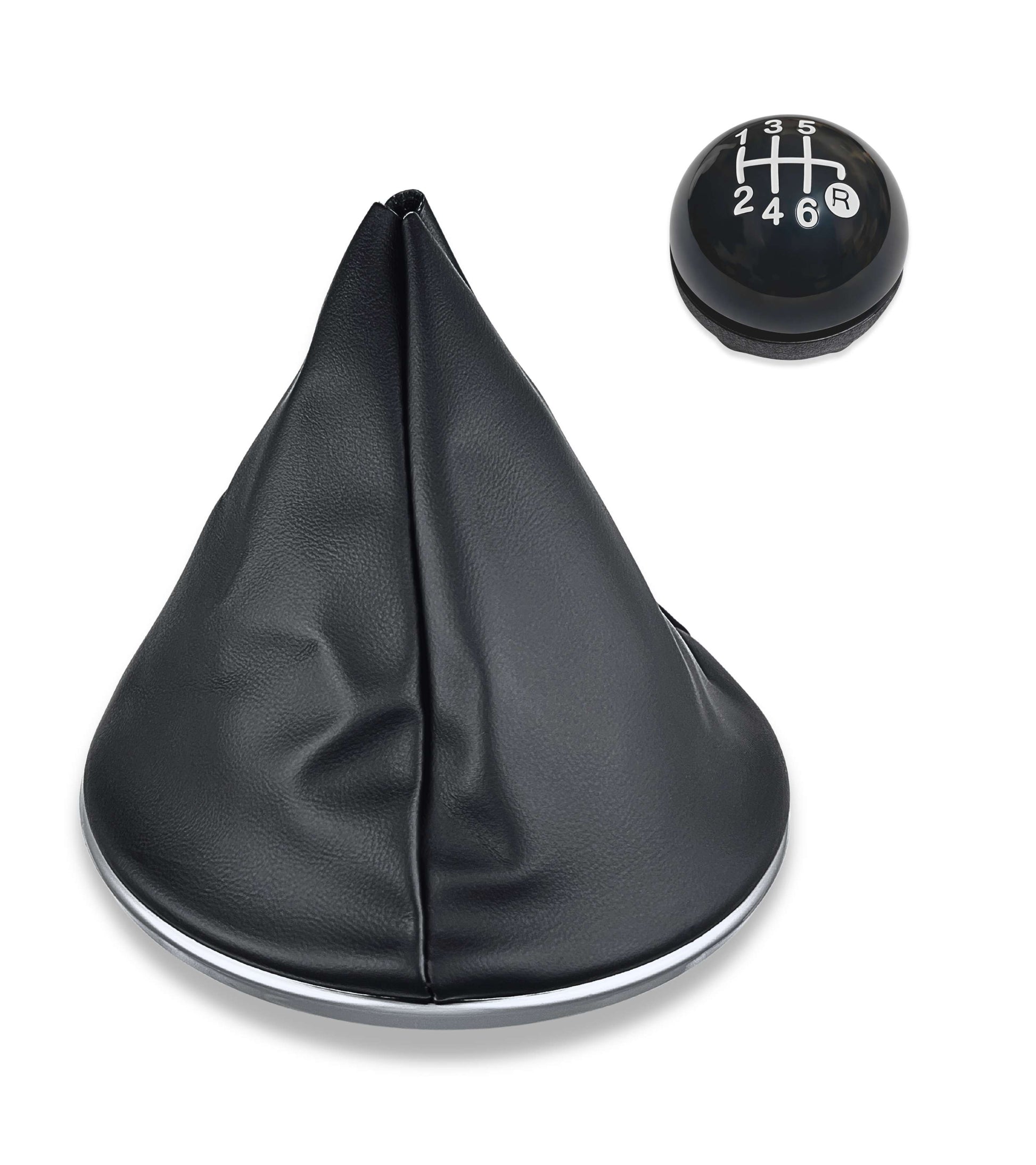 Kit Pomello e Cuffia per Leva Cambio 6 Marce Colore Nero Compatibile con Fiat 500 serie 2 (312) e 500C (312) 2007 - 2018, con Ghiera e Cornice Argento