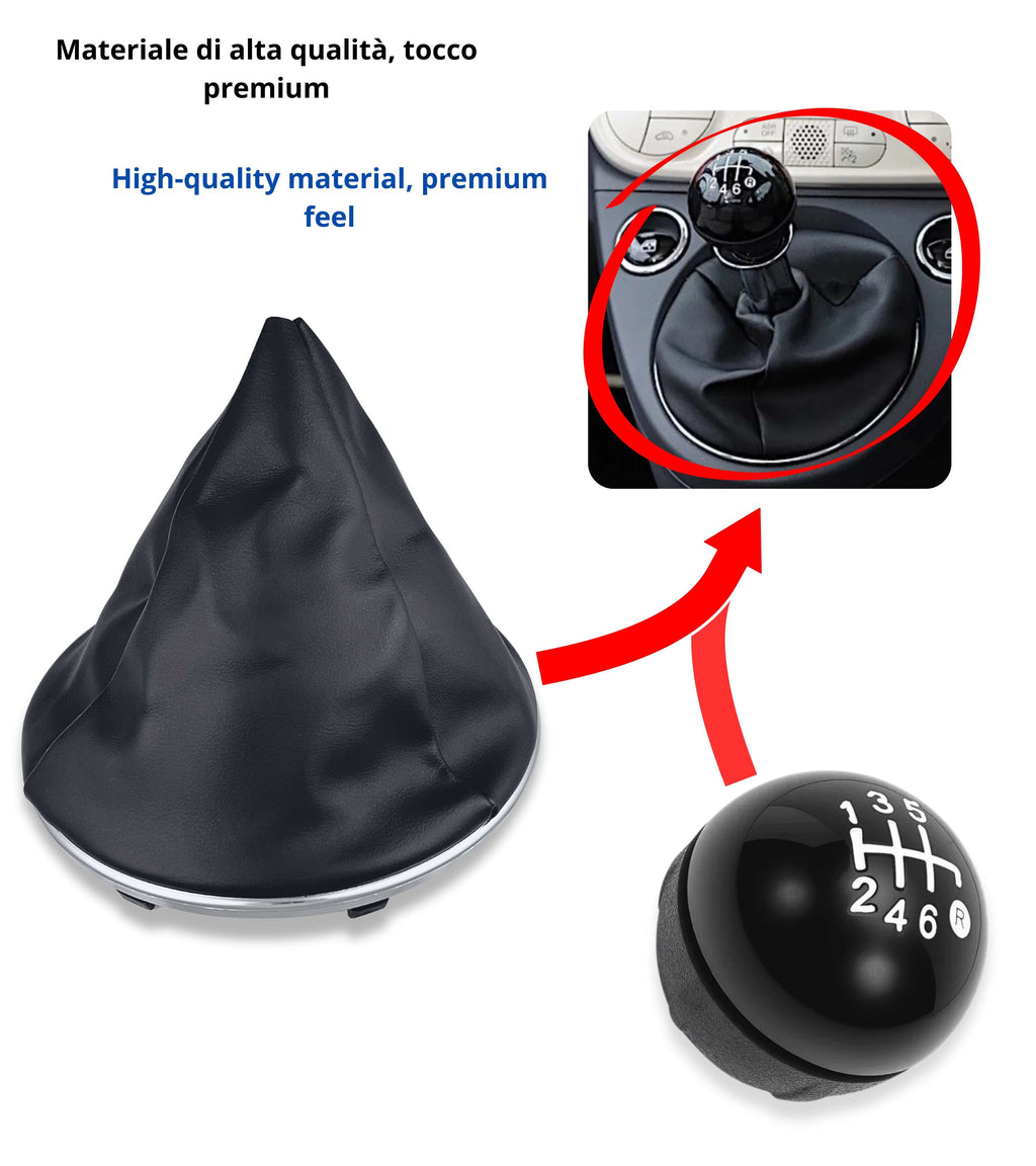 Kit Pomello e Cuffia per Leva Cambio 6 Marce Colore Nero Compatibile con Fiat 500 serie 2 (312) e 500C (312) 2007 - 2018, con Ghiera e Cornice Argento