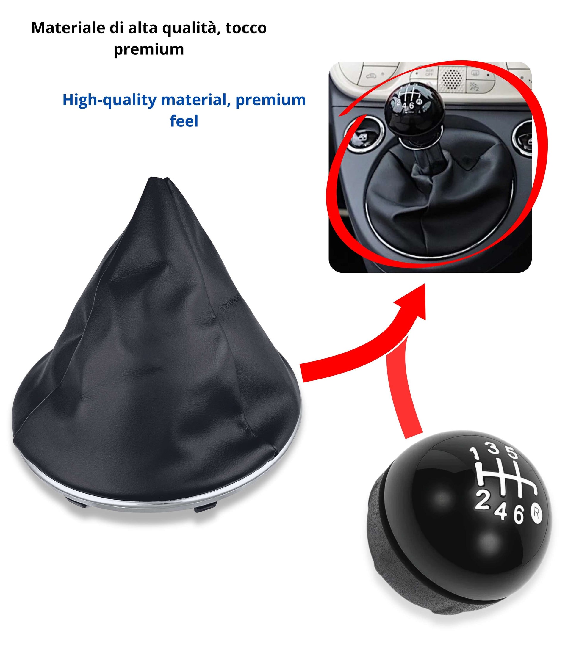Kit Pomello e Cuffia per Leva Cambio 6 Marce Colore Nero Compatibile con Fiat 500 serie 2 (312) e 500C (312) 2007 - 2018, con Ghiera e Cornice Argento