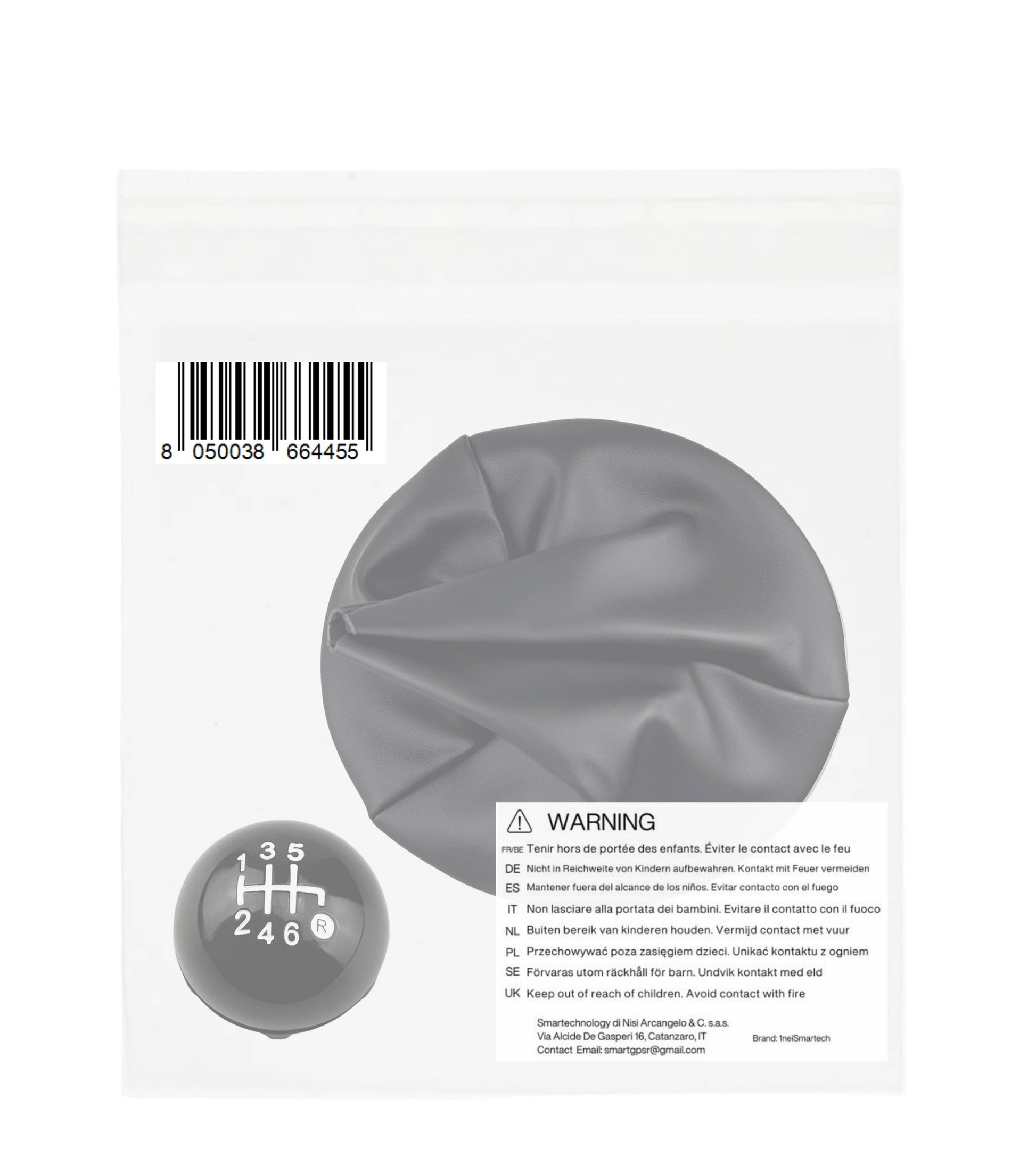 Kit Pomello e Cuffia per Leva Cambio 6 Marce Colore Nero Compatibile con Fiat 500 serie 2 (312) e 500C (312) 2007 - 2018, con Ghiera e Cornice Argento