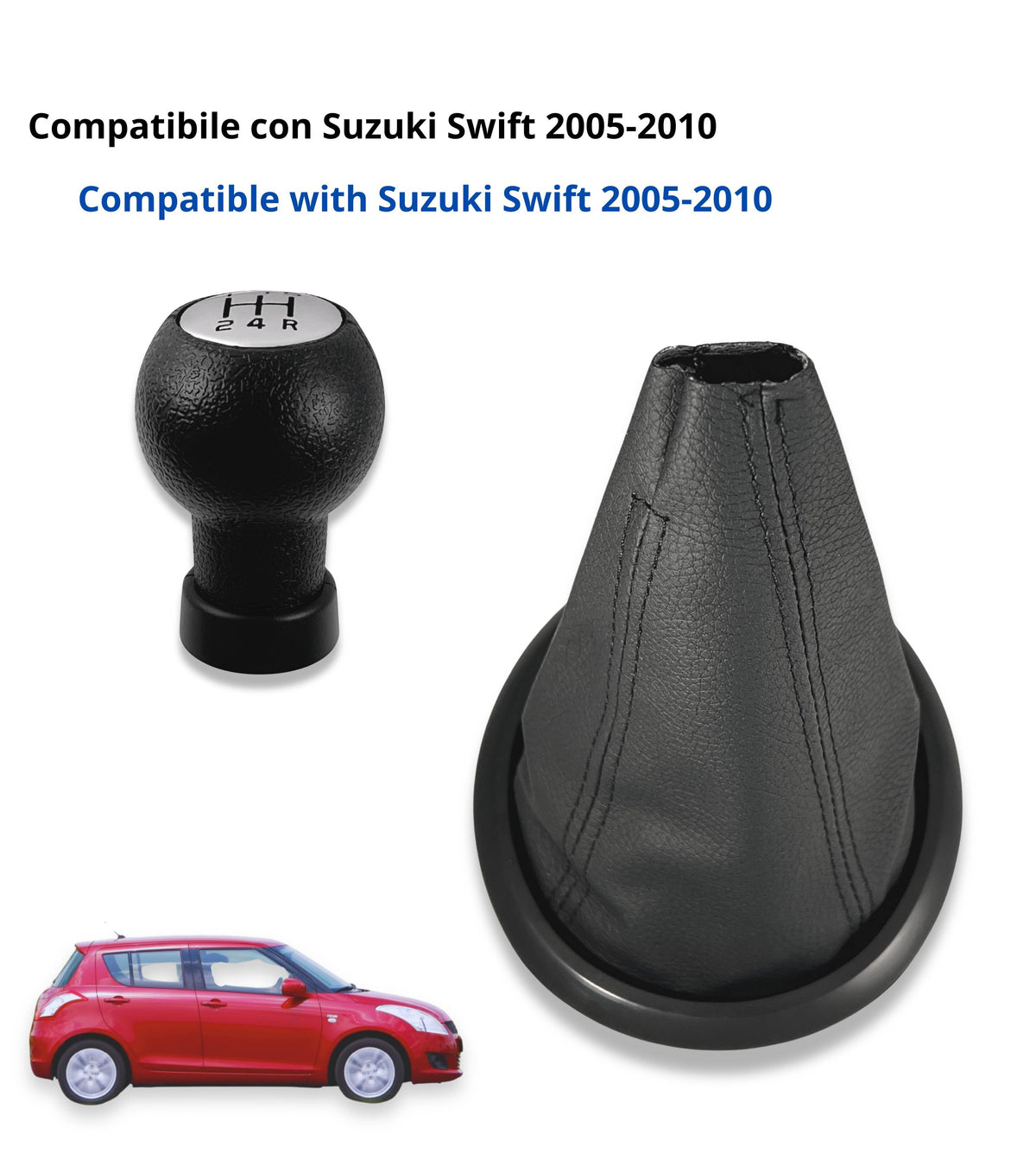 Kit Pomello 5 Marce Cuffia con Cuciture Nere Compatibile con Suzuki Swift 2005-2010, Suzuki SX4 2007-2013, Suzuki ALTO 2009-2014, Leva Cambio Forma D