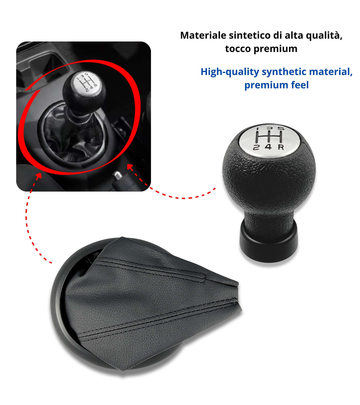 Kit Pomello 5 Marce Cuffia con Cuciture Nere Compatibile con Suzuki Swift 2005-2010, Suzuki SX4 2007-2013, Suzuki ALTO 2009-2014, Leva Cambio Forma D