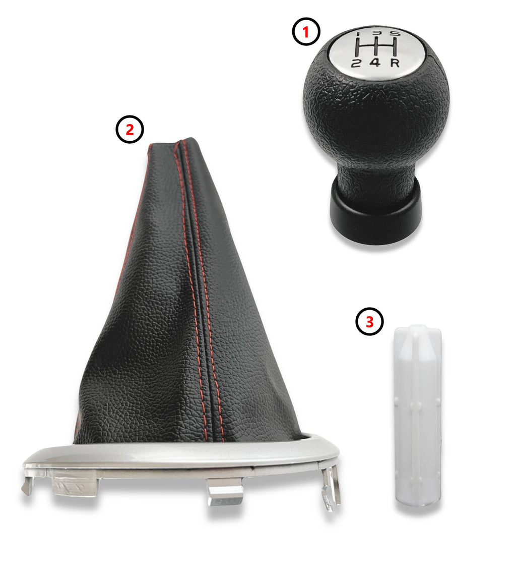 Kit Pomello 5 Marce Cuffia Cuciture Rosse Ghiera Adattatore Compatibile con Suzuki Swift 2005-2010, SX4 2007-2013, Alto 2009-2014, Leva Cambio Forma T