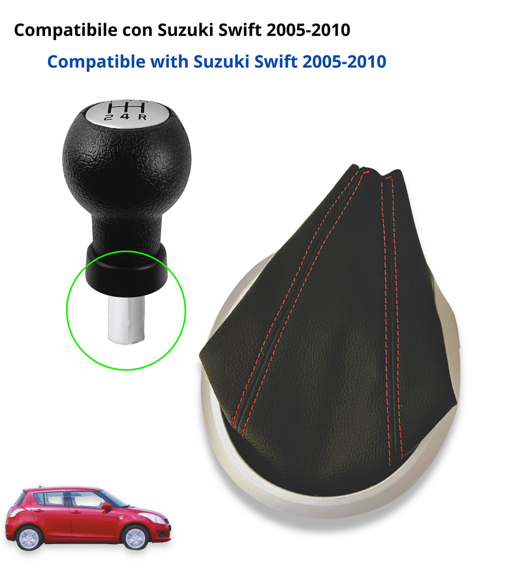 Kit Pomello 5 Marce Cuffia Cuciture Rosse Ghiera Adattatore Compatibile con Suzuki Swift 2005-2010, SX4 2007-2013, Alto 2009-2014, Leva Cambio Forma T