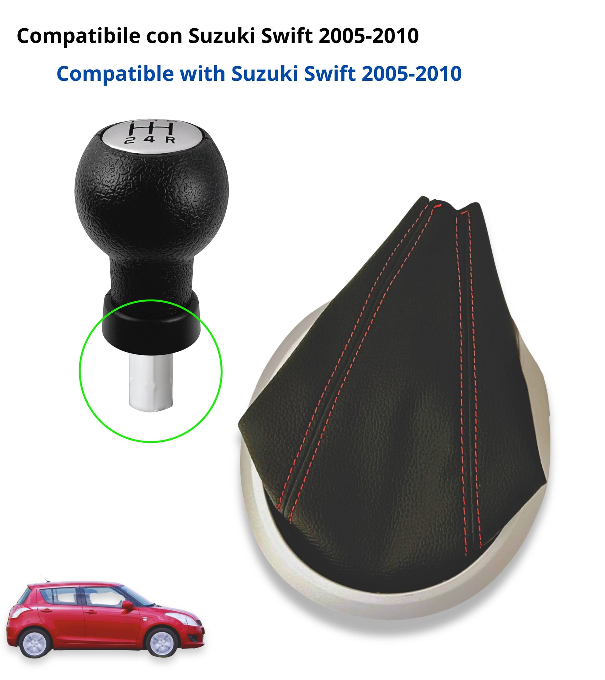 Kit Pomello 5 Marce Cuffia Cuciture Rosse Ghiera Adattatore Compatibile con Suzuki Swift 2005-2010, SX4 2007-2013, Alto 2009-2014, Leva Cambio Forma T