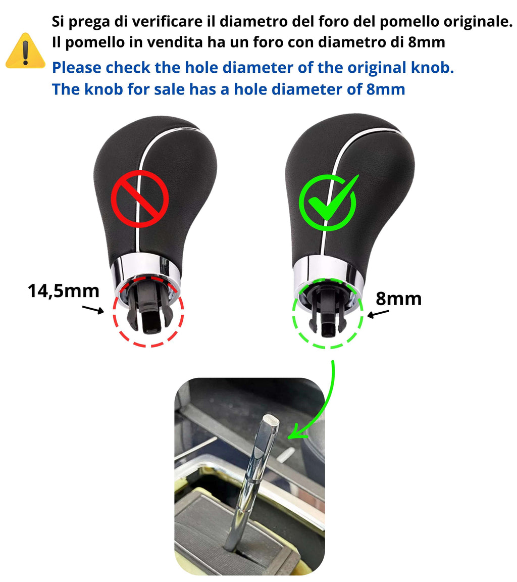 Pomello Leva Cambio 6 Marce Nero Compatibile con Mercedes Classe A, B, E Foro 8 mm, Retromarcia in Alto a Sinistra, Kit con Anelli di Fissaggio