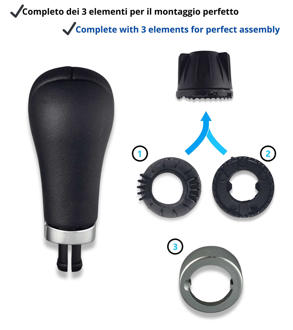 Pomello Leva Cambio 6 Marce Nero Compatibile con Mercedes Classe A, B, E Foro 8 mm, Retromarcia in Alto a Sinistra, Kit con Anelli di Fissaggio