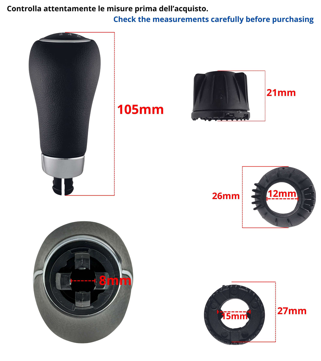 Pomello Leva Cambio 6 Marce Nero Compatibile con Mercedes Classe A, B, E Foro 8 mm, Retromarcia in Alto a Sinistra, Kit con Anelli di Fissaggio