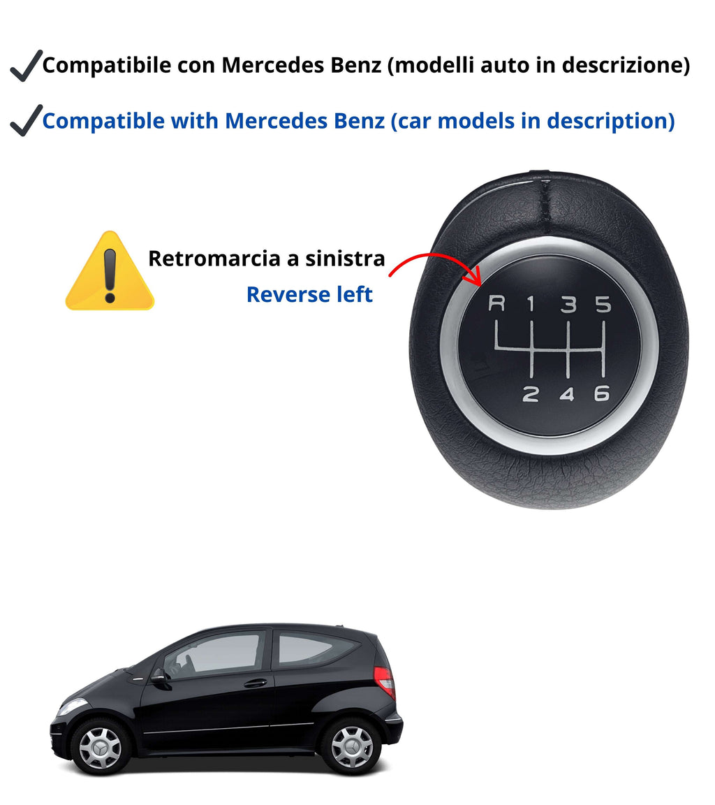 Pomello Leva Cambio 6 Marce Nero Compatibile con Mercedes Classe A, B, E Foro 8 mm, Retromarcia in Alto a Sinistra, Kit con Anelli di Fissaggio