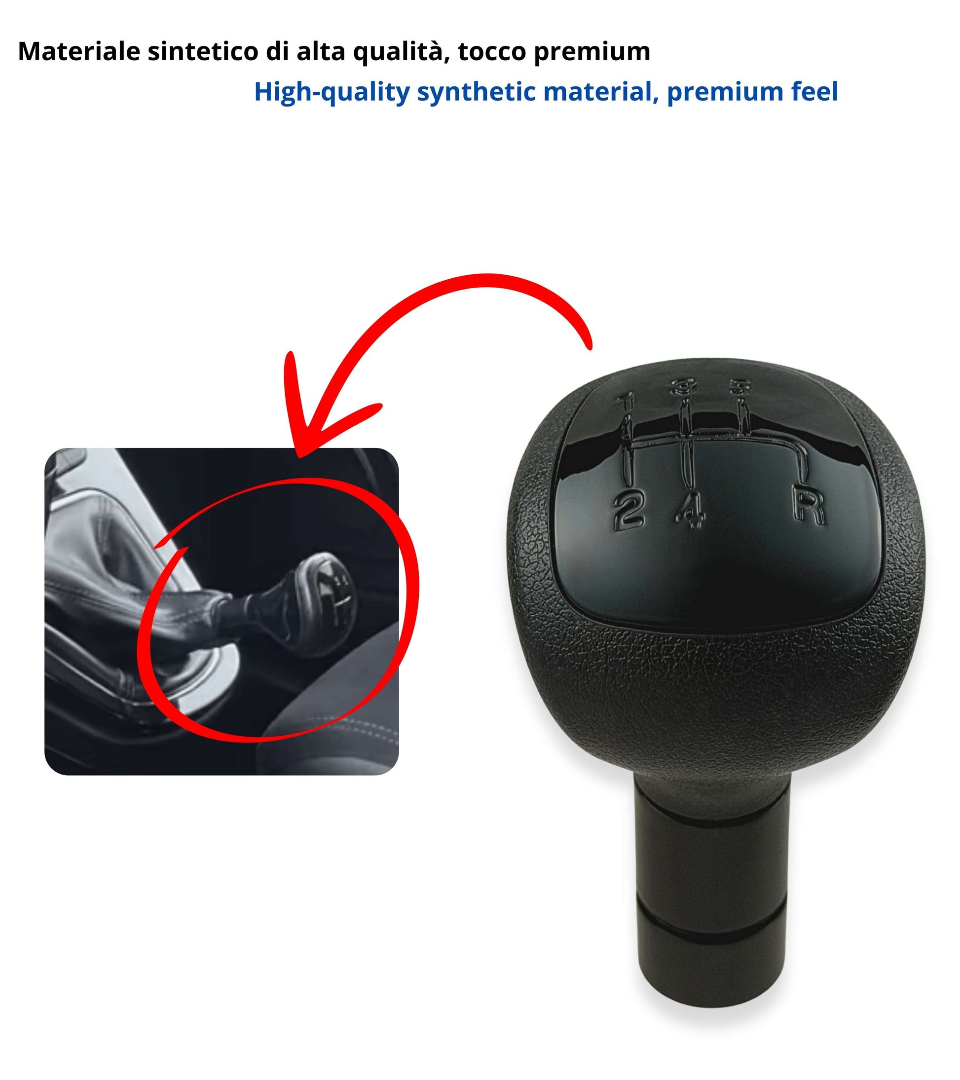 Pomello per Leva Asta del Cambio 5 Marce Compatibile con Lancia Ypsilon (312) 2011–2015, Colore Nero con Lente Lucida Nera, Retromarcia a Destra