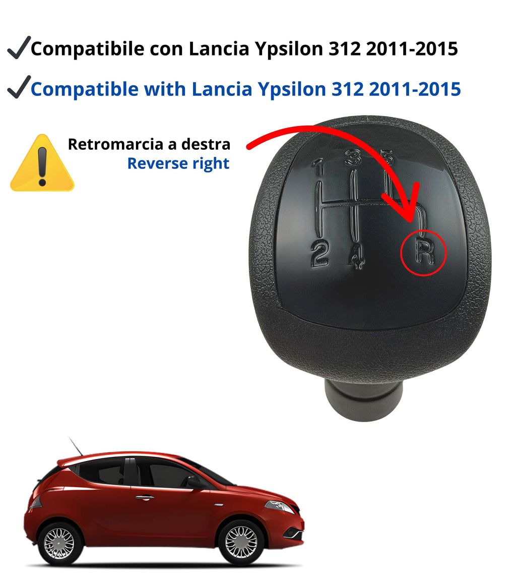 Pomello per Leva Asta del Cambio 5 Marce Compatibile con Lancia Ypsilon (312) 2011–2015, Colore Nero con Lente Lucida Nera, Retromarcia a Destra