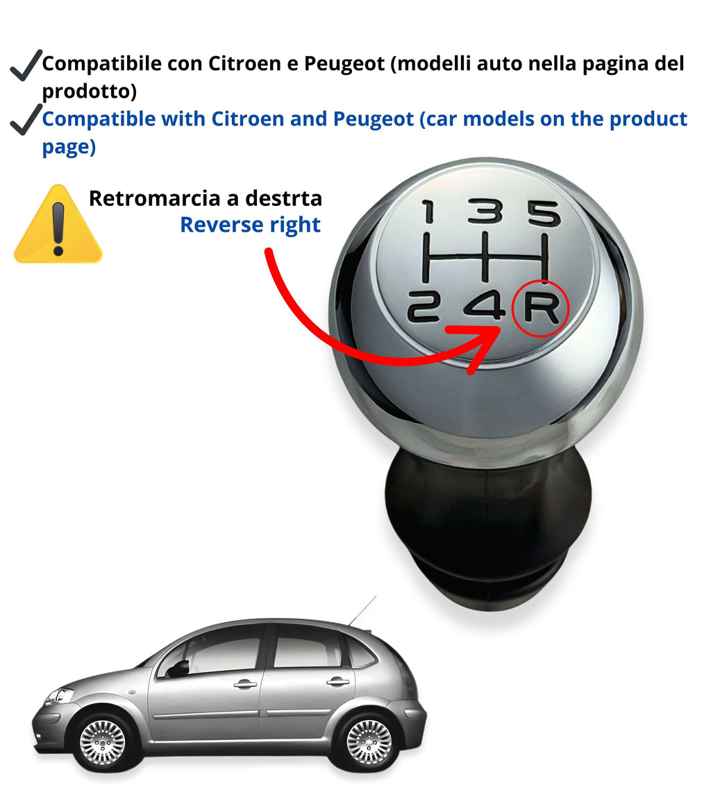 Pomello Leva Cambio 5 Marce Compatibile con Citroen C3, C4, e Compatibile con Peugeot 106, 206, Partner, Colore Argento in Metallo, con Adattatore