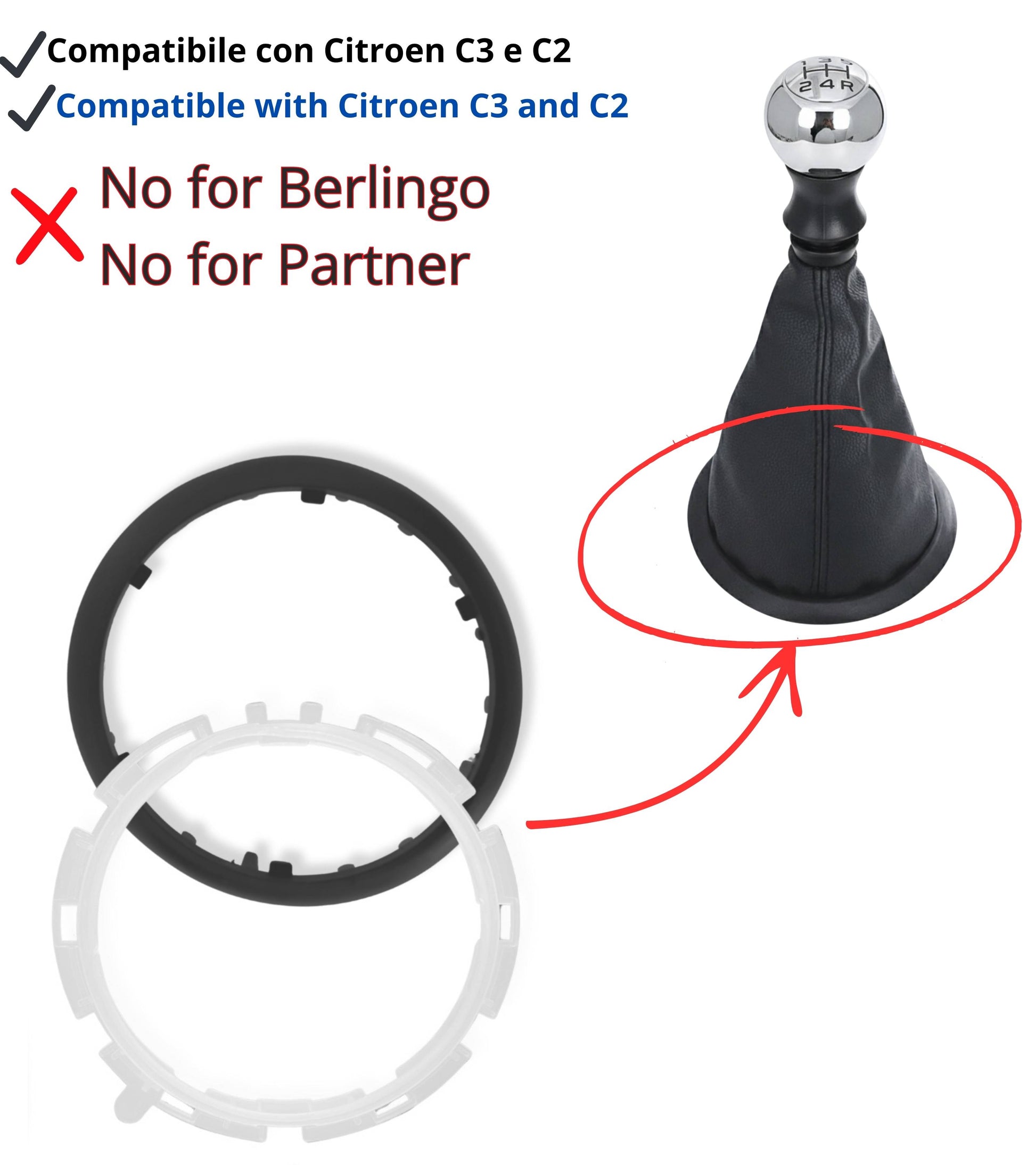 Kit Pomello Cambio 5 Marce, Cuffia Compatibile con Citroen C3 2003-2009, C2 2003-2010 con Cornice Nera, Ghiera di Ritenzione e Adattatore Leva Cambio