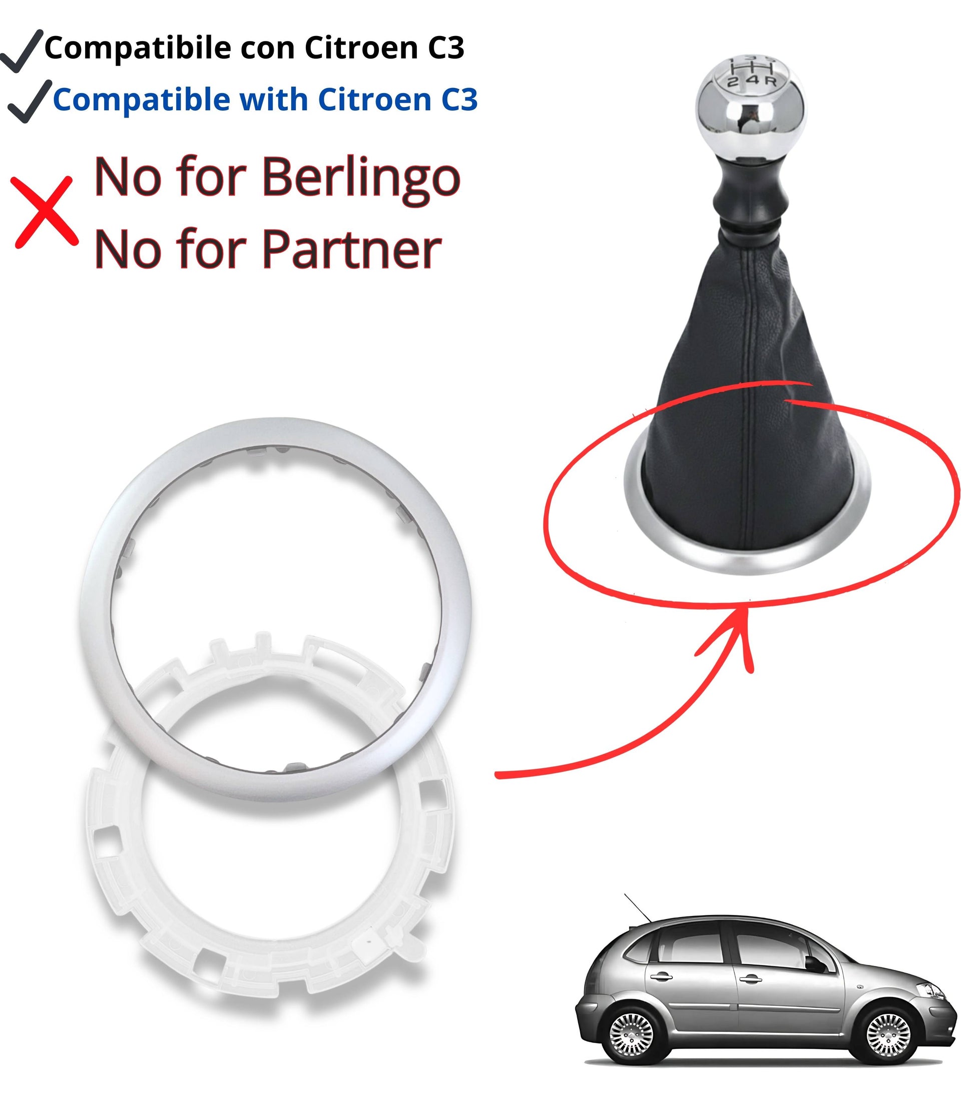 Kit Pomello Cambio 5 Marce, Cuffia Compatibile con Citroen C3 2003-2009, C2 2003-2010, Cornice Argento, Ghiera di Ritenzione e Adattatore Leva Cambio