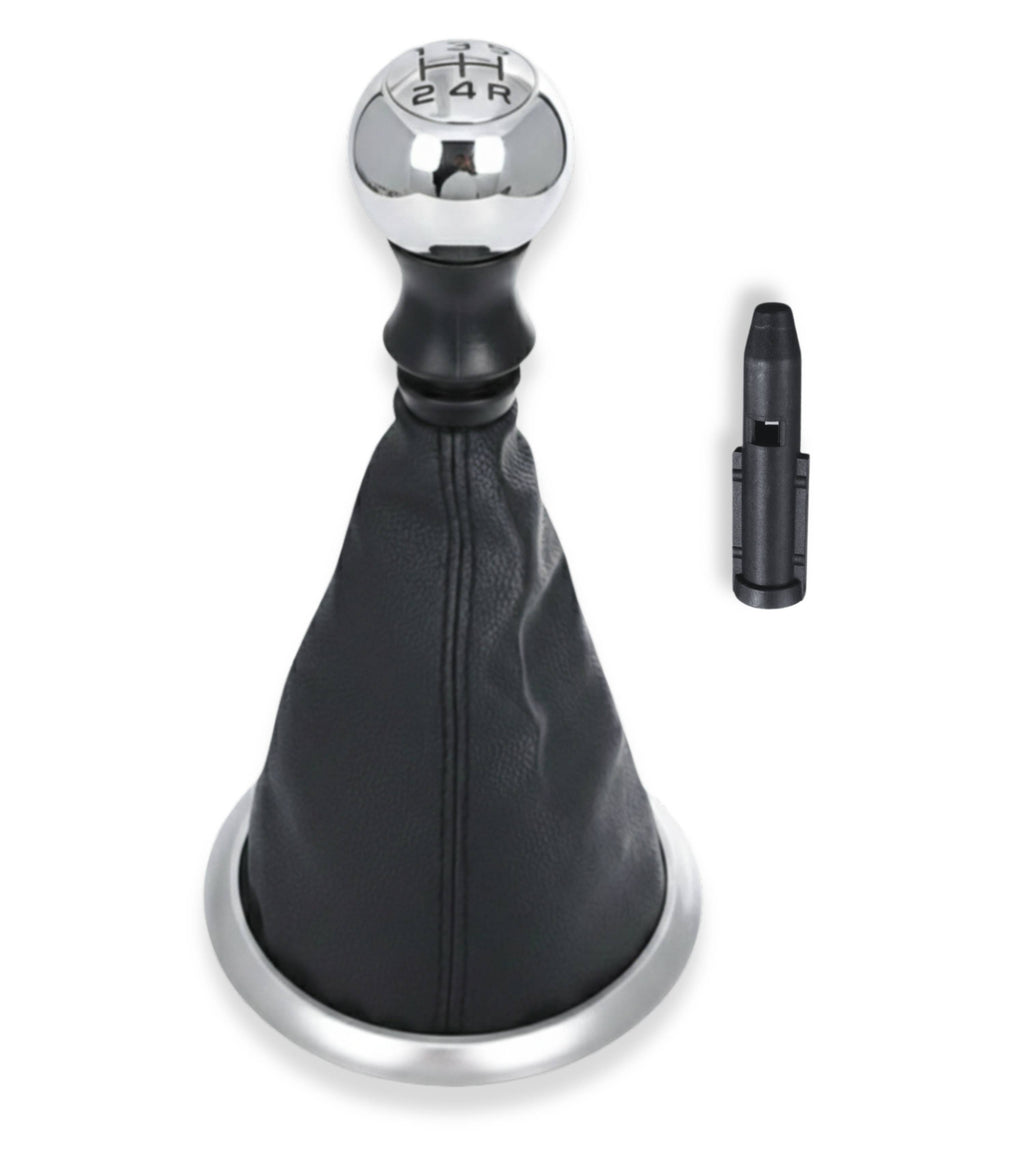 Kit Pomello Cambio 5 Marce, Cuffia Compatibile con Citroen C3 2003-2009, C2 2003-2010, Cornice Argento, Ghiera di Ritenzione e Adattatore Leva Cambio
