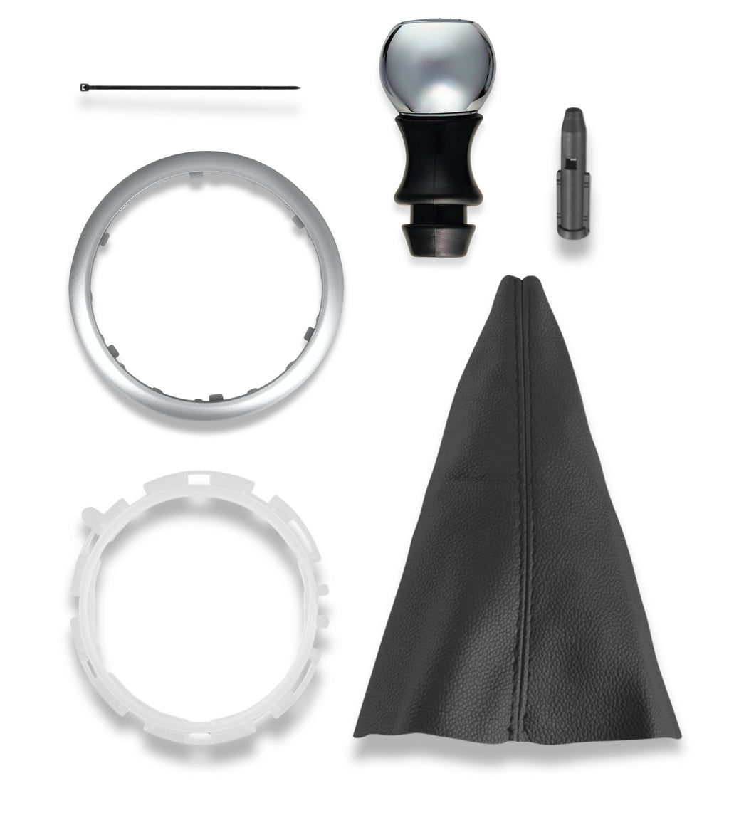 Kit Pomello Cambio 5 Marce, Cuffia Compatibile con Citroen C3 2003-2009, C2 2003-2010, Cornice Argento, Ghiera di Ritenzione e Adattatore Leva Cambio