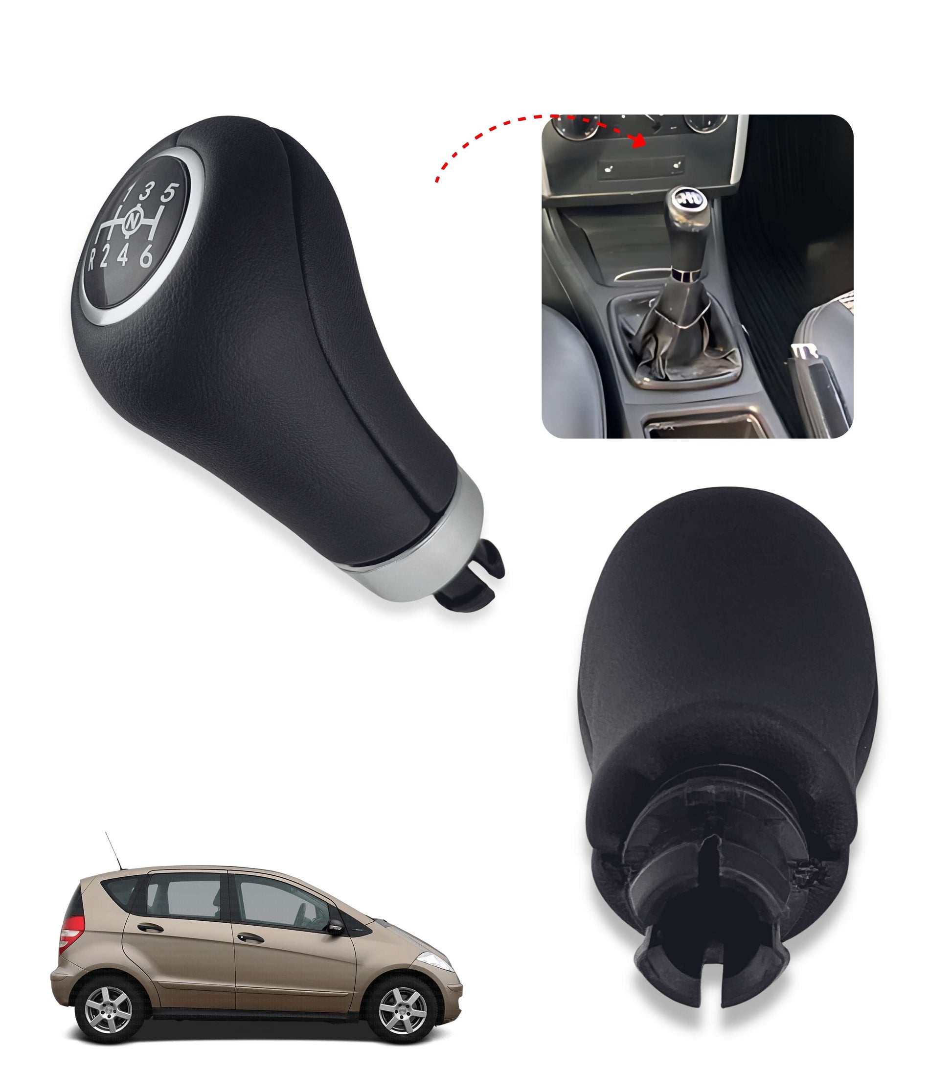 Pomello per Leva Asta del Cambio 6 Marce Compatibile con Mercedes Classe A B C E CLK 2000–2012, Foro 8mm, Simbolo N, Retromarcia a Sinistra