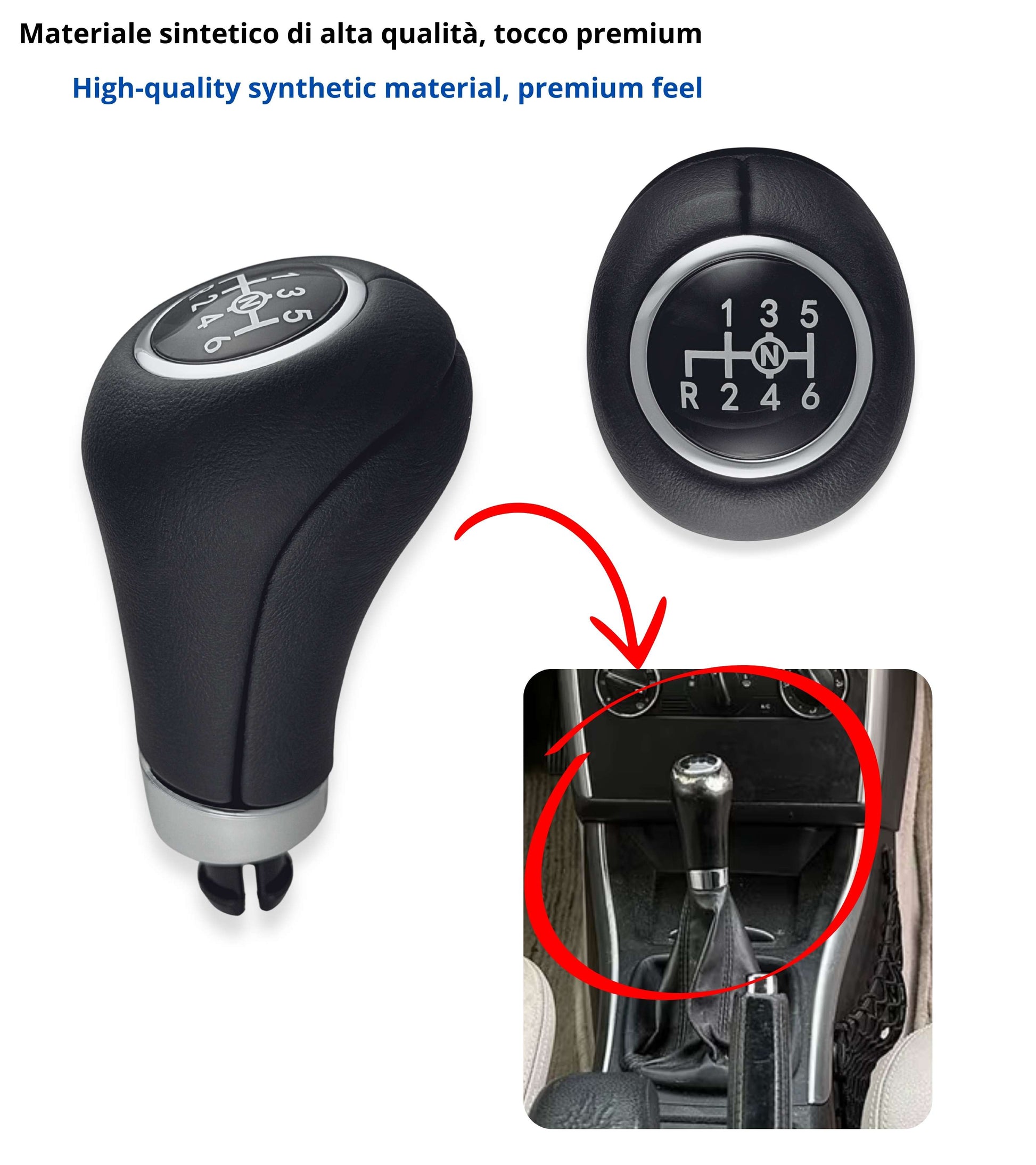 Pomello per Leva Asta del Cambio 6 Marce Compatibile con Mercedes Classe A B C E CLK 2000–2012, Foro 8mm, Simbolo N, Retromarcia a Sinistra