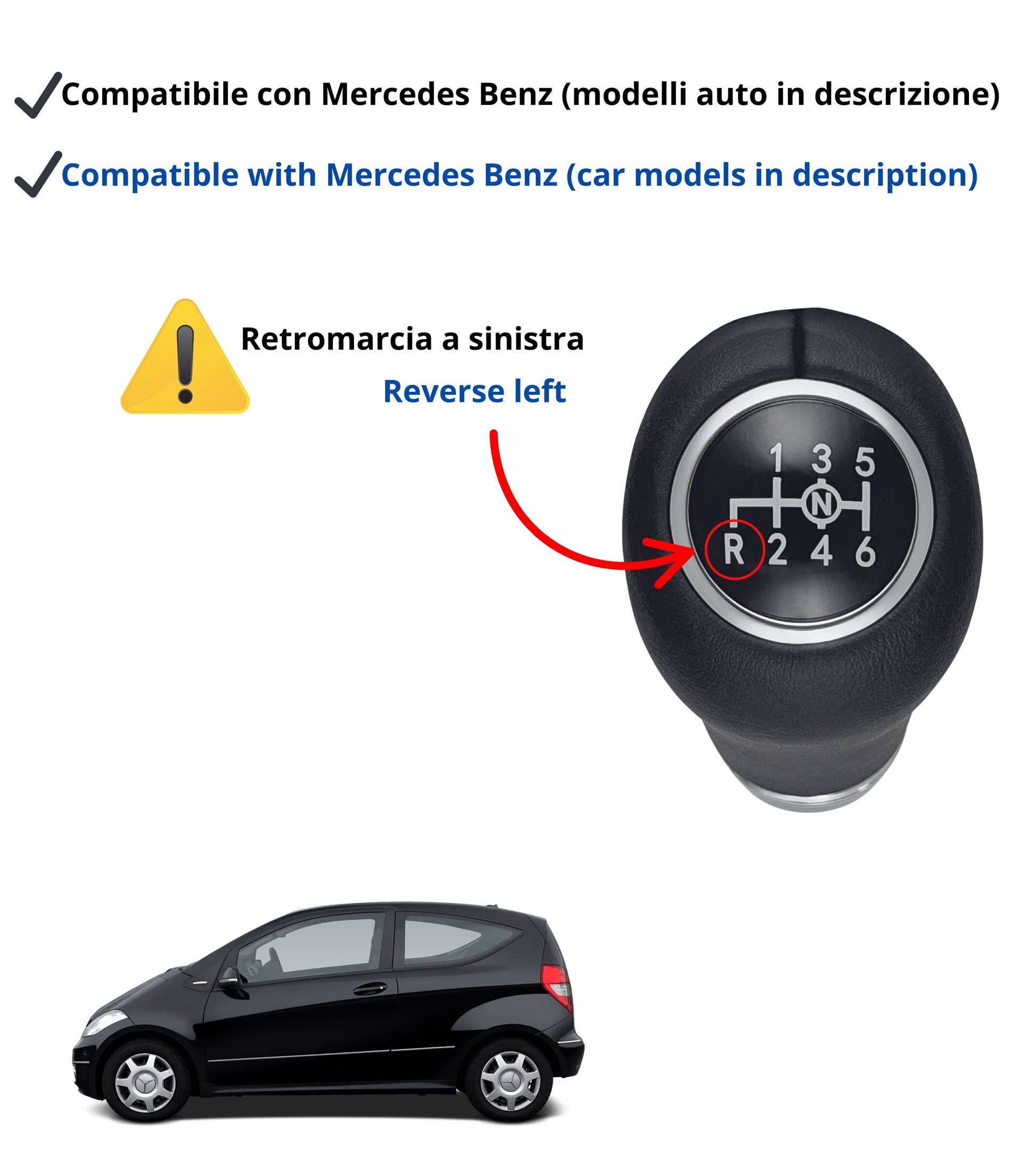 Pomello per Leva Asta del Cambio 6 Marce Compatibile con Mercedes Classe A B C E CLK 2000–2012, Foro 8mm, Simbolo N, Retromarcia a Sinistra