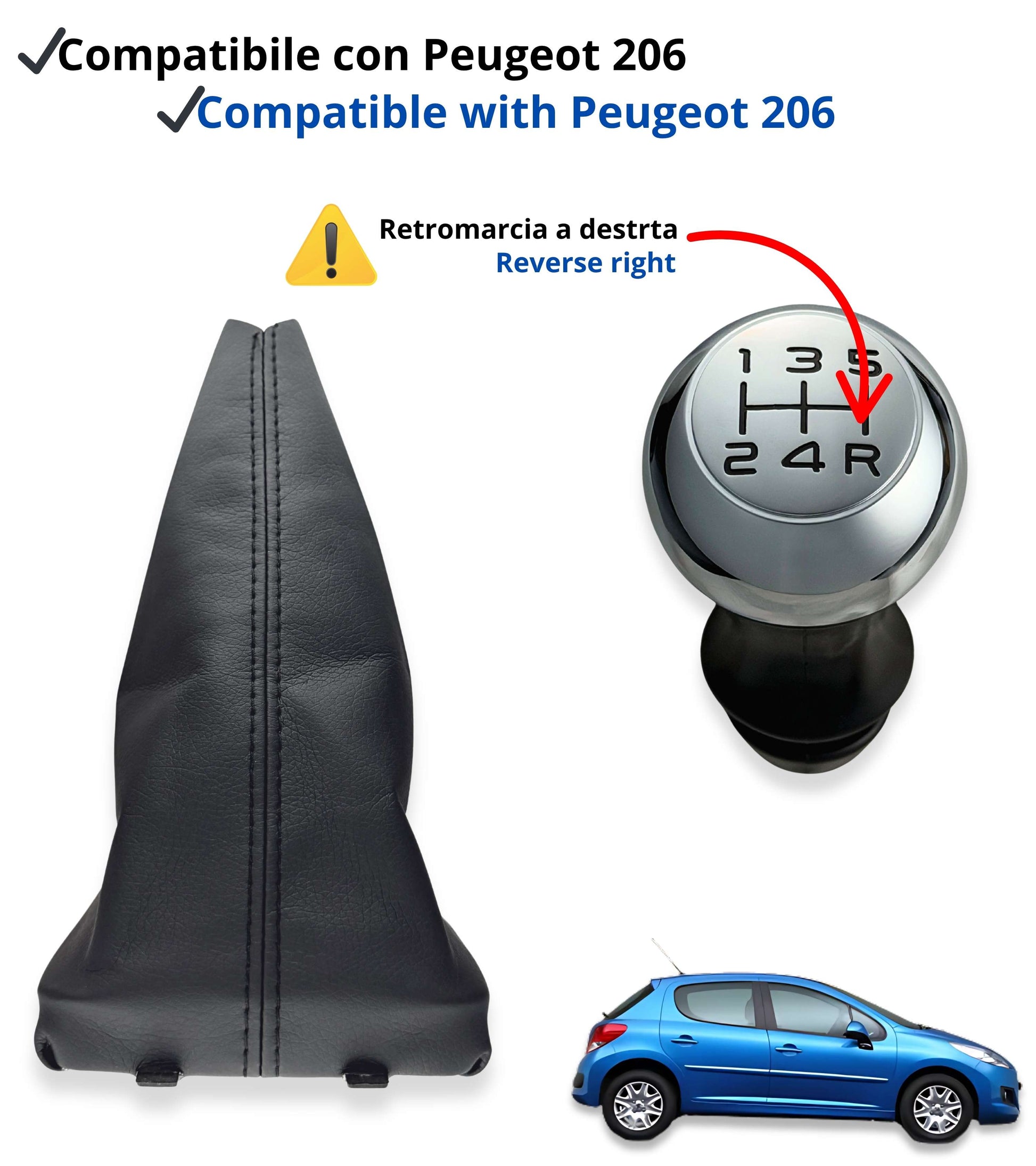 Kit Pomello e Cuffia per Leva Asta del Cambio 5 Marce Compatibile con Peugeot 206 1998–2013, 406 1995–2004, con Ghiera di Ritenione e Adattatore