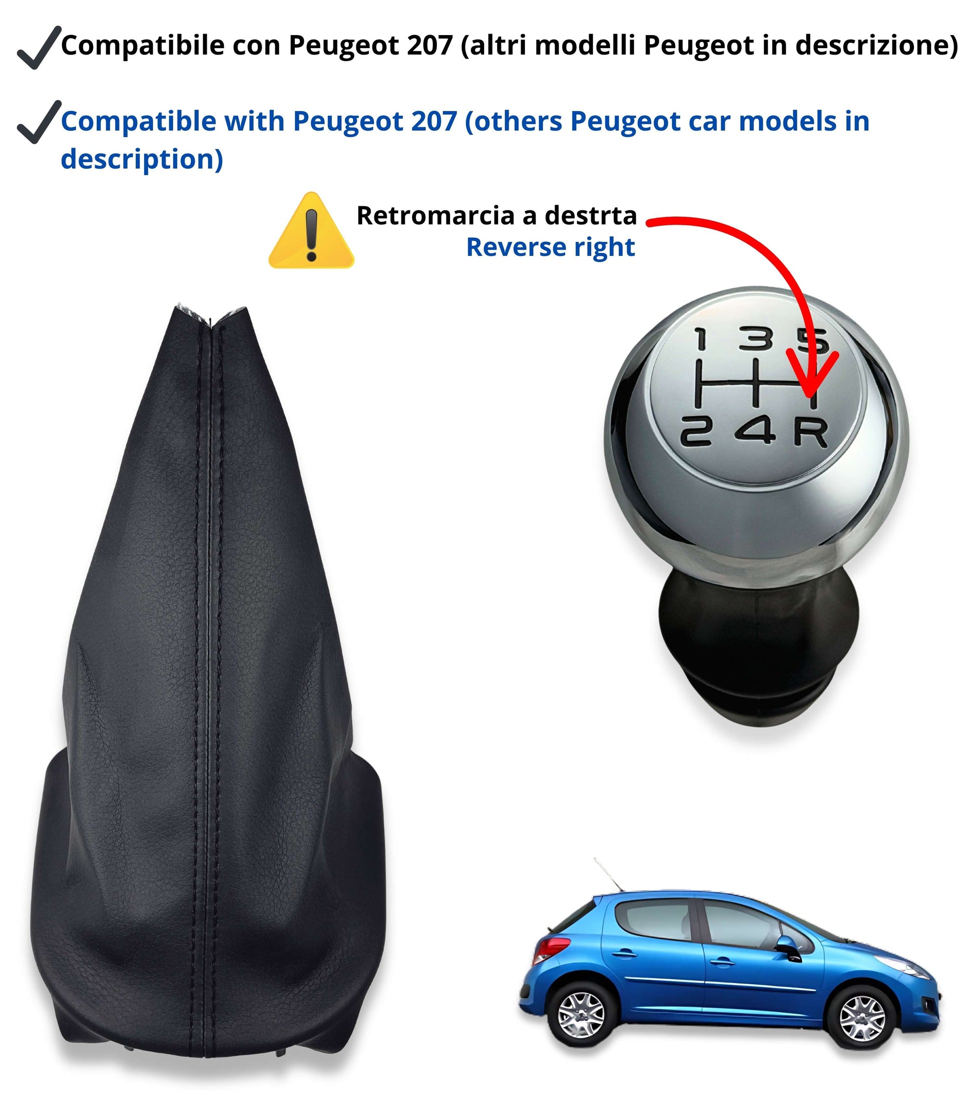 Kit Pomello e Cuffia per Leva Asta del Cambio 5 Marce Compatibile con Peugeot 207 2006–2012, 307 2001–2008, 308 2007–2014, con Ghiera e Adattatore