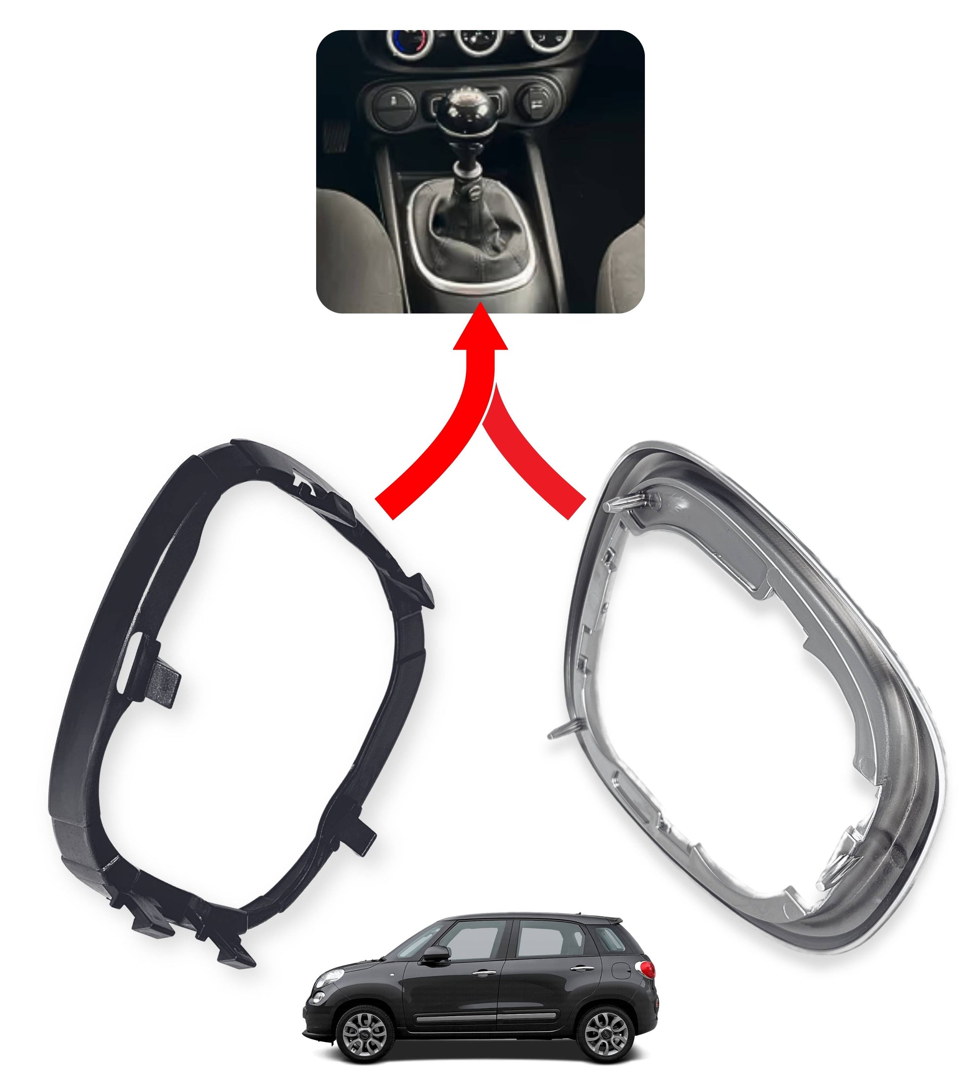 Kit Cornice Esterna Satinata Argento e Ghiera di Ritenzione Interna Compatibile con Fiat 500L 2012–2017, Compatibile con OEM 735547556 735547557