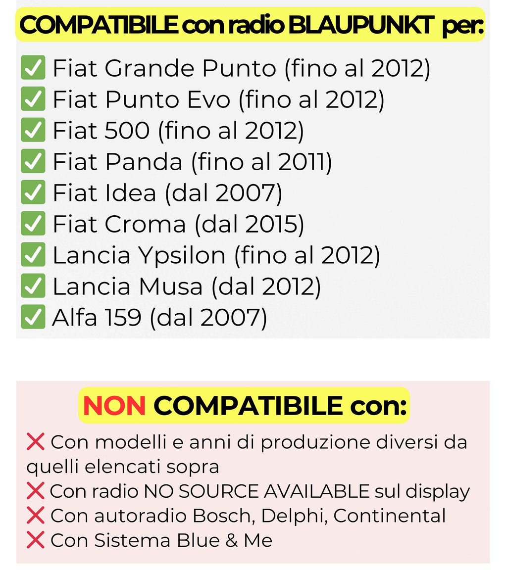 Cavo AUX Jack Femmina Compatibile con Radio Blaupunkt, Compatibile con Fiat Grande Punto 500 fino al 2012, con Kit Chiavette Estrazione Autoradio