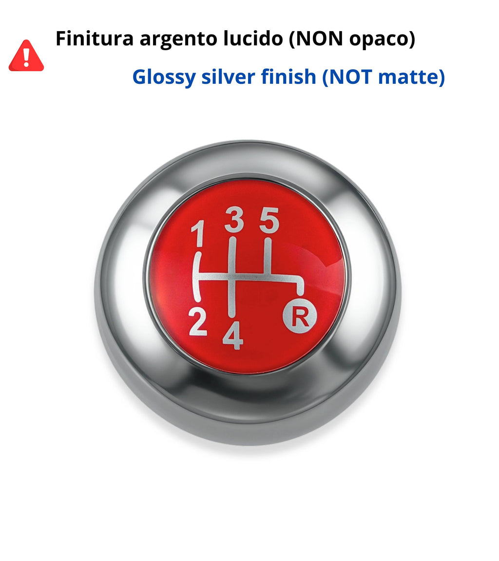 Pomello Leva Cambio 5 Marce Compatibile con Fiat 500 312 e 500C 2007–2018, Colore Argento e Lente Rossa, Foro Interno in Metallo, OEM 55344048