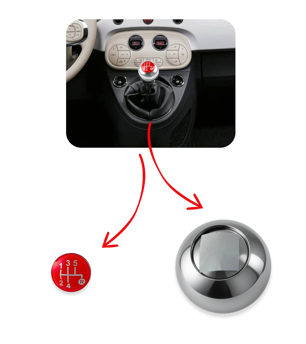Pomello Leva Cambio 5 Marce Compatibile con Fiat 500 312 e 500C 2007–2018, Colore Argento e Lente Rossa, Foro Interno in Metallo, OEM 55344048