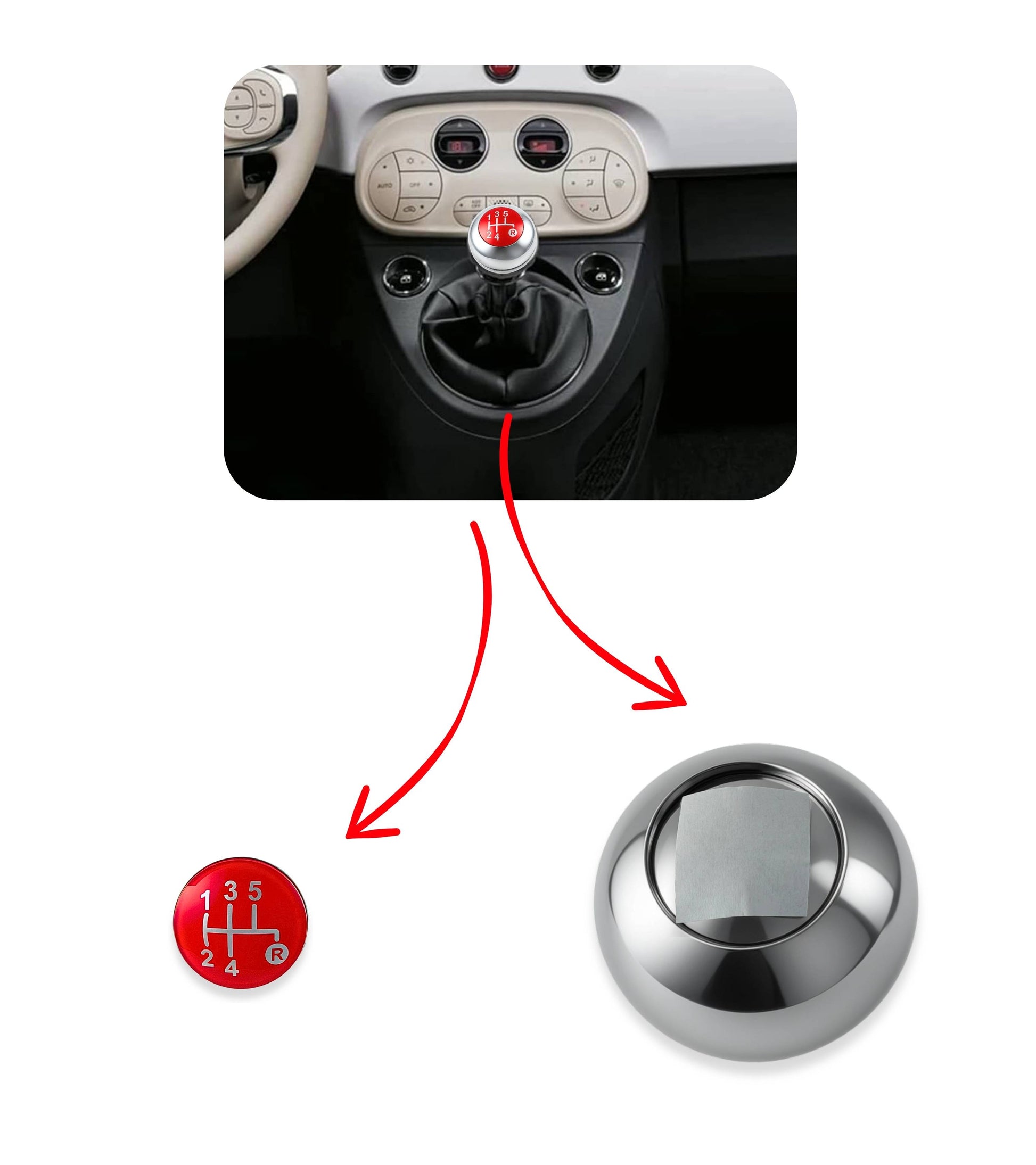 Pomello Leva Cambio 5 Marce Compatibile con Fiat 500 312 e 500C 2007–2018, Colore Argento e Lente Rossa, Foro Interno in Metallo, OEM 55344048