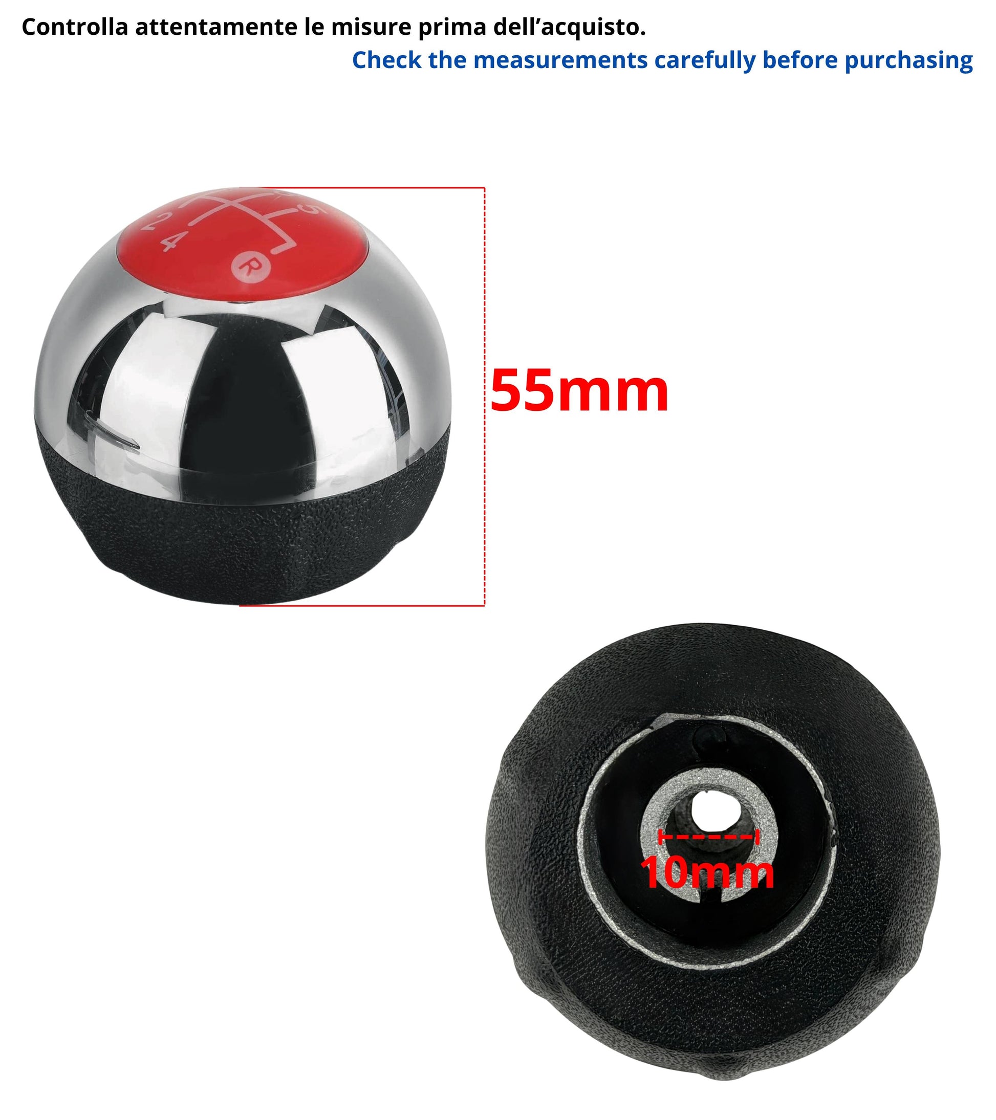 Pomello Leva Cambio 5 Marce Compatibile con Fiat 500 312 e 500C 2007–2018, Colore Argento e Lente Rossa, Foro Interno in Metallo, OEM 55344048
