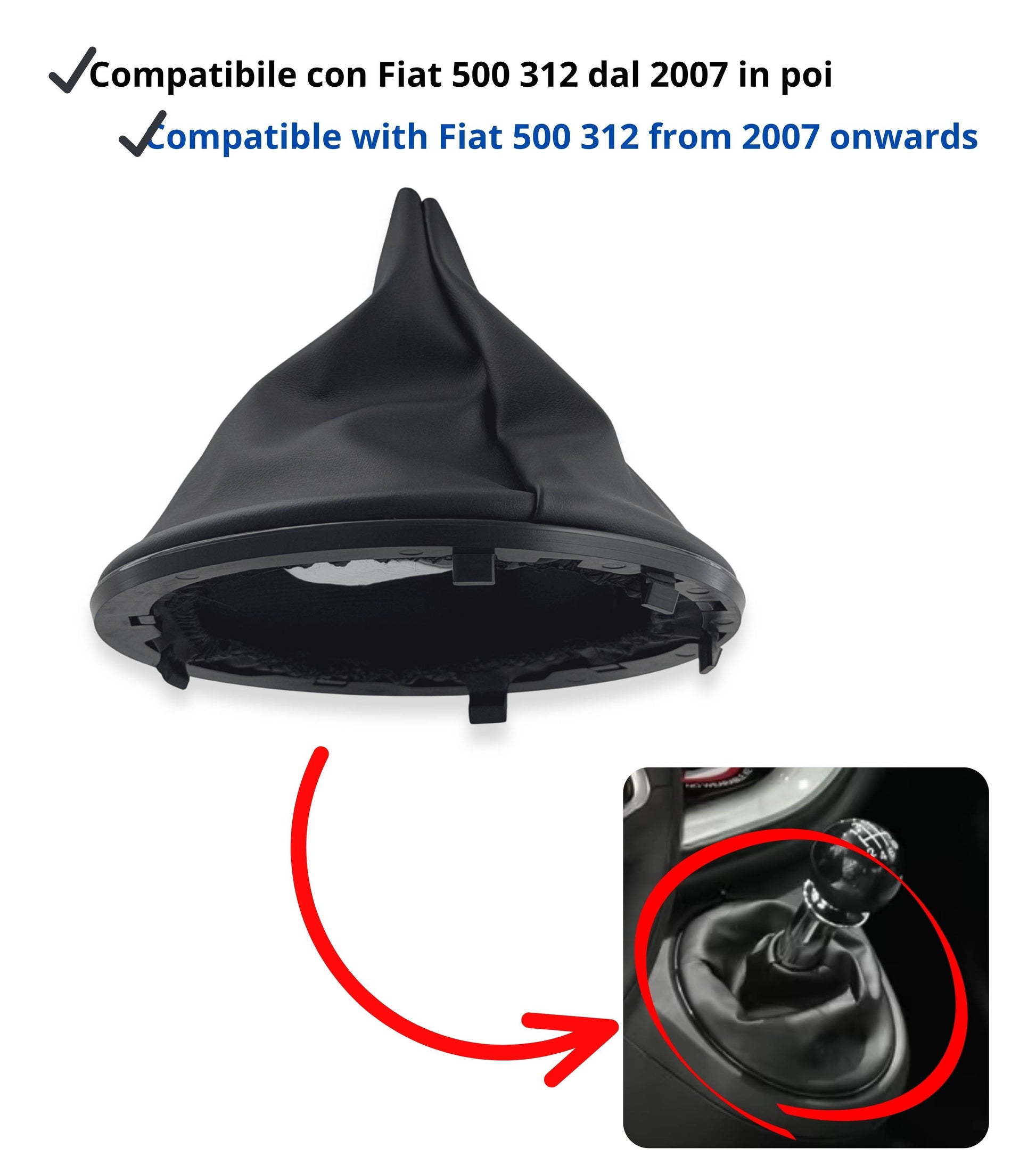 Kit Cuffia Leva Cambio con Cornice Nero Lucido Cromato e Ghiera Compatibile con Fiat 500 (312) e 500C dal 2007, Compatibile con OEM 50295851 50295325