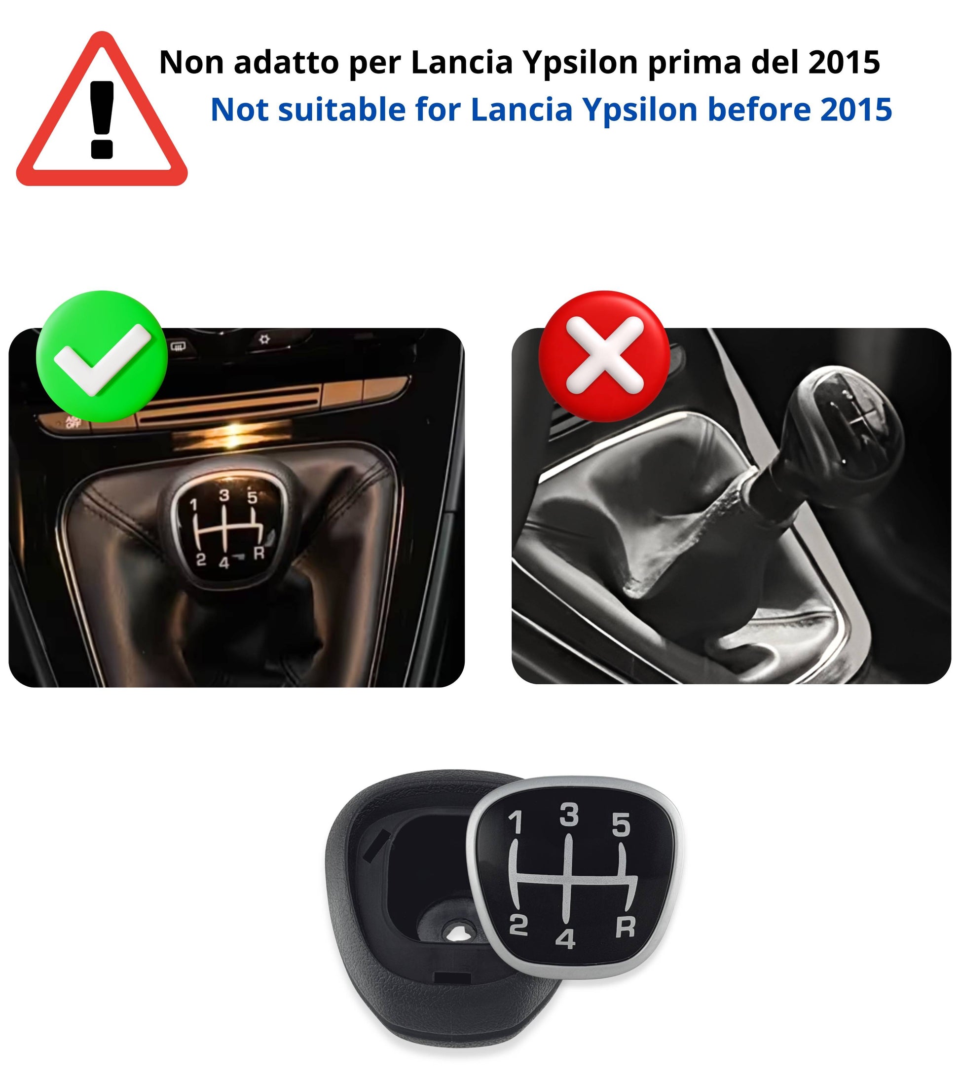 Pomello Leva Cambio 5 Marce Compatibile con Lancia Ypsilon 3ª Serie (846) dal 2015, per OEM 6930522, Solo Modelli Benzina, con Retromarcia a Siringa