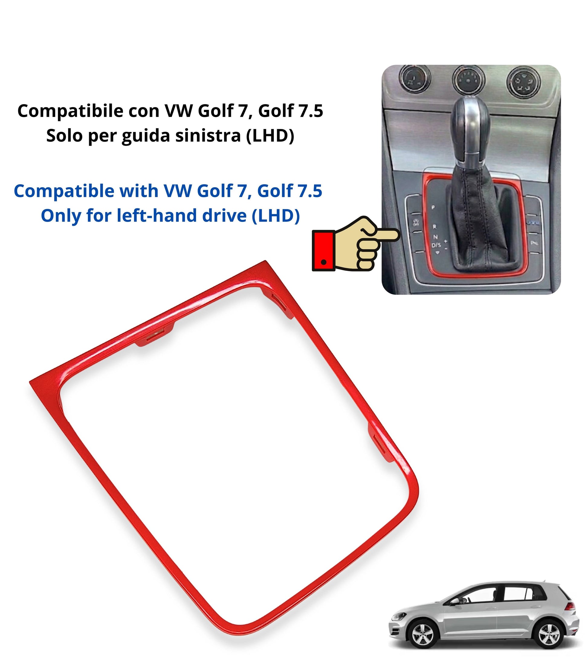 Cornice per Cuffia Leva Cambio Automatico, Colore Rosso Lucido, Compatibile con Volkswagen Golf 7 e Golf 7.5 (VII) 2012-2020, Solo Guida a Sinistra (LHD)